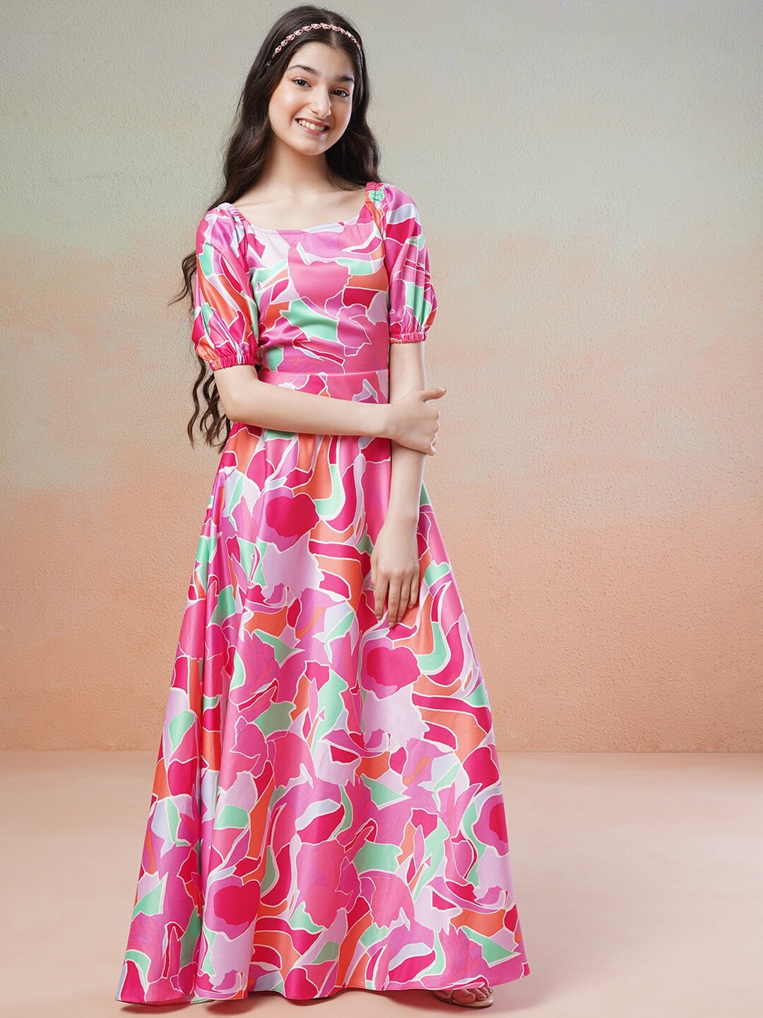 

Inddus Girls Abstract Printed Puff Sleeves Satin Fit & Flare Maxi Dress, Pink