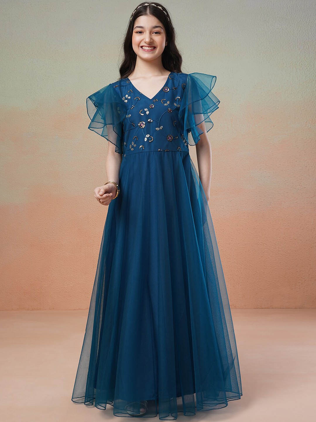 

Inddus Girls Embellished V-Neck Flared Sleeves Net Fit & Flared Maxi Dress, Teal