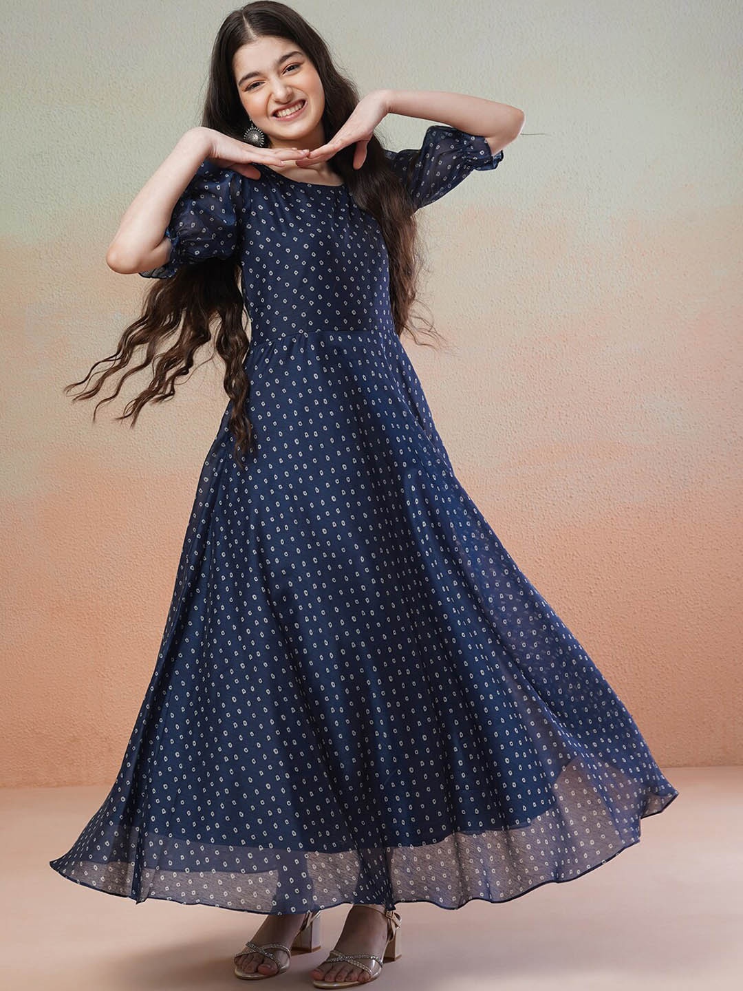 

Inddus Girls Polka Dots Printed Bell Sleeves Flared Maxi Ethnic Dress, Navy blue