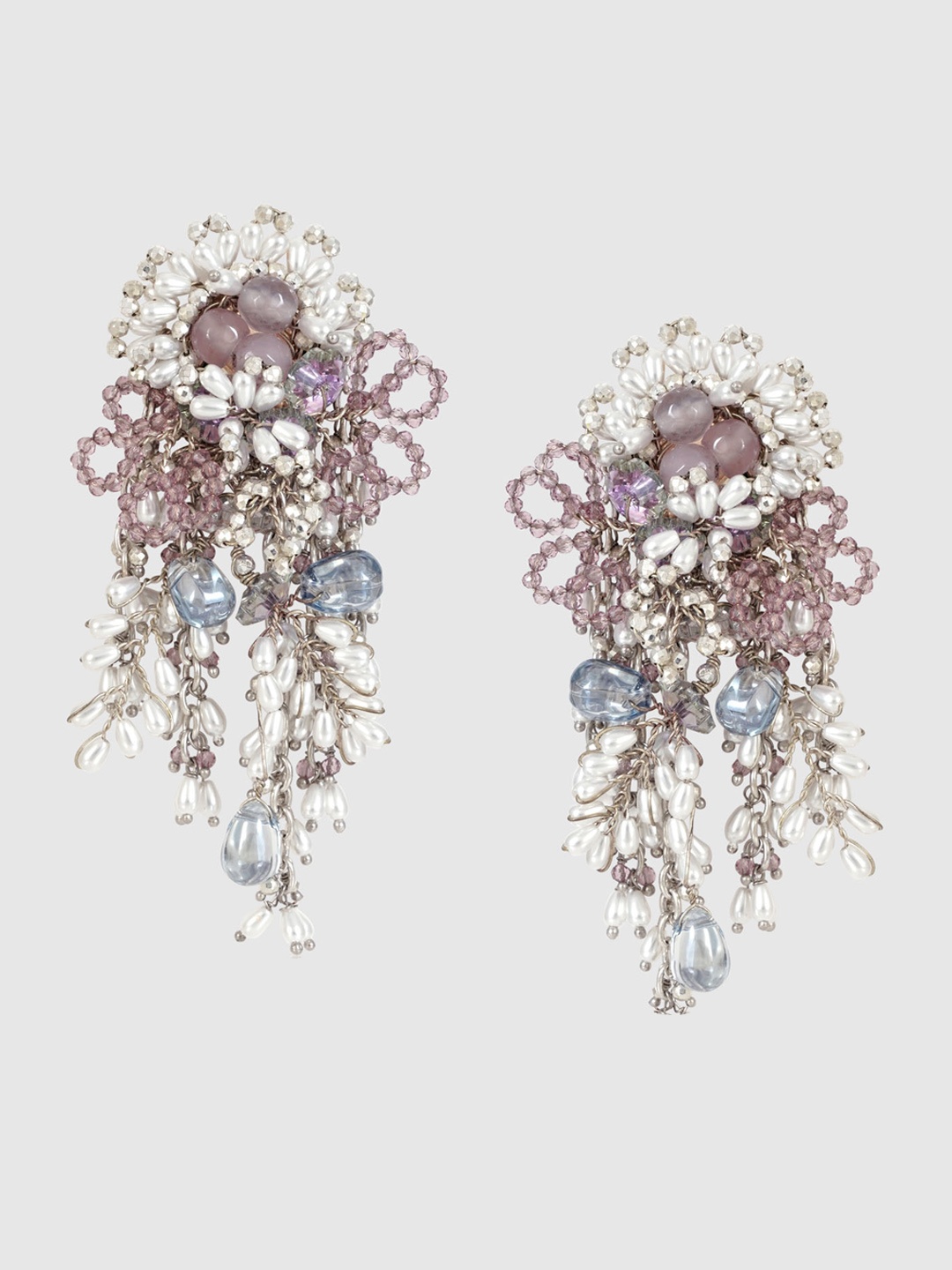 

D'oro Metal Beads & Stone Studded Contemporary Drop Earrings, Silver