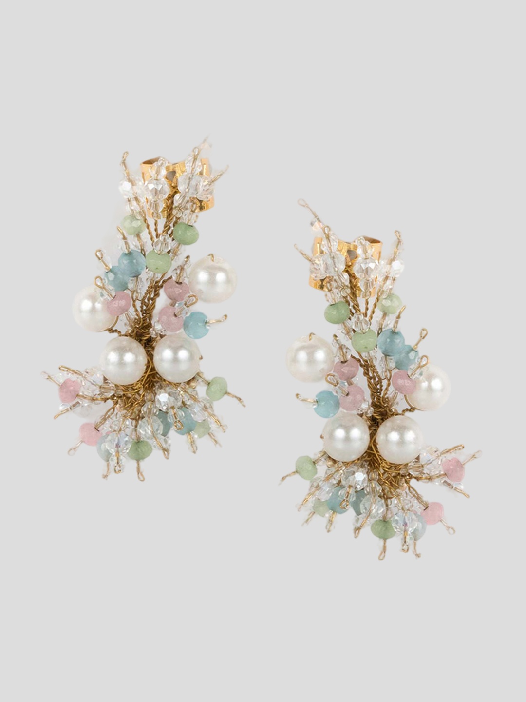 

D'oro Stone Studded & Beaded Classic Stud Earrings, Silver