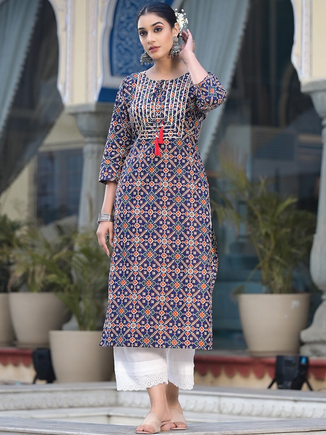 

Varanga Ethnic Motif Printed Tie-Up Neck Gotta Patti Cotton Straight Kurta, Blue