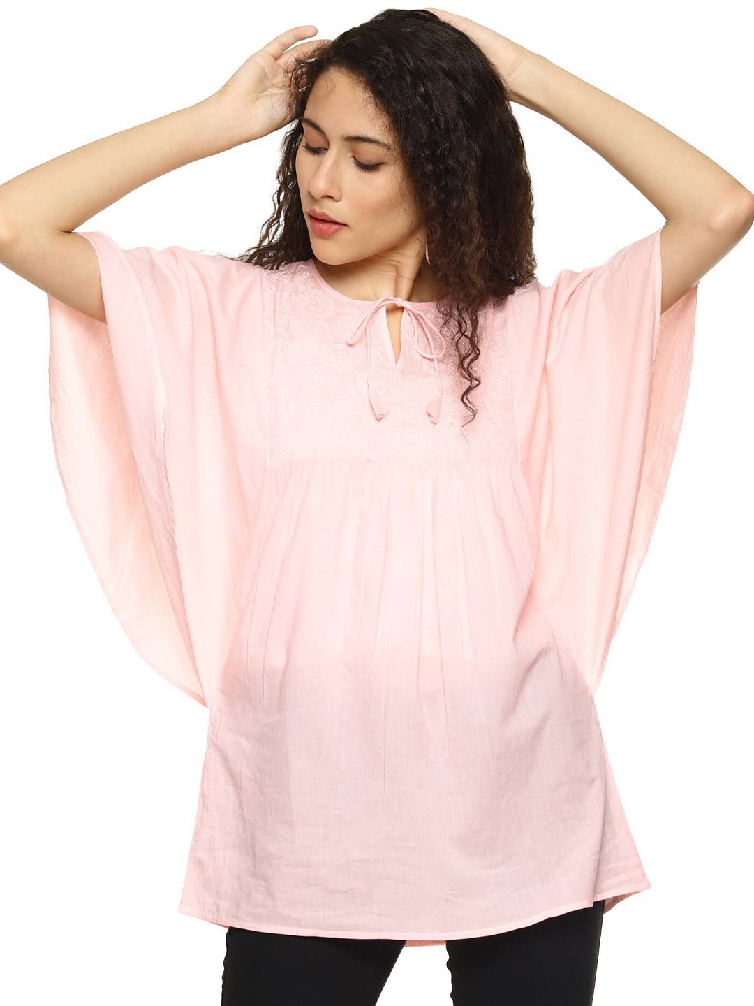 

Weaves of Tradition Geometric Chikankari Embroidered Extended Sleeves Cotton Kaftan Top, Pink
