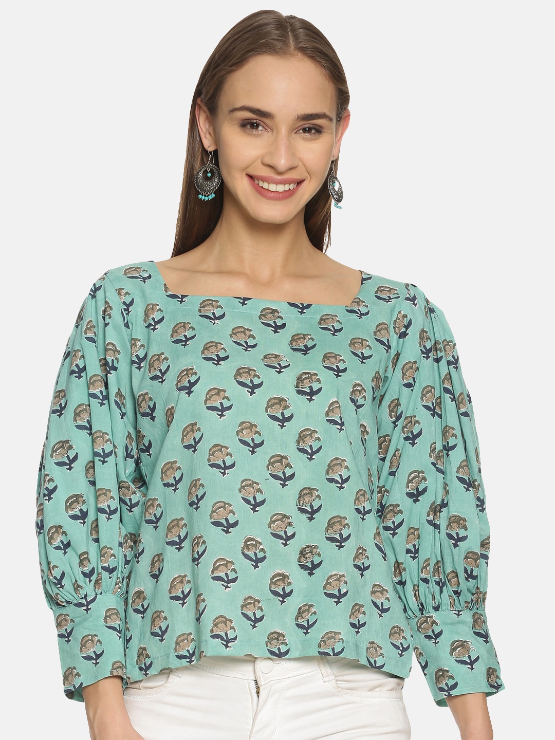 

Weaves of Tradition Floral Printed Puff Sleeve Cotton Box Top, Teal