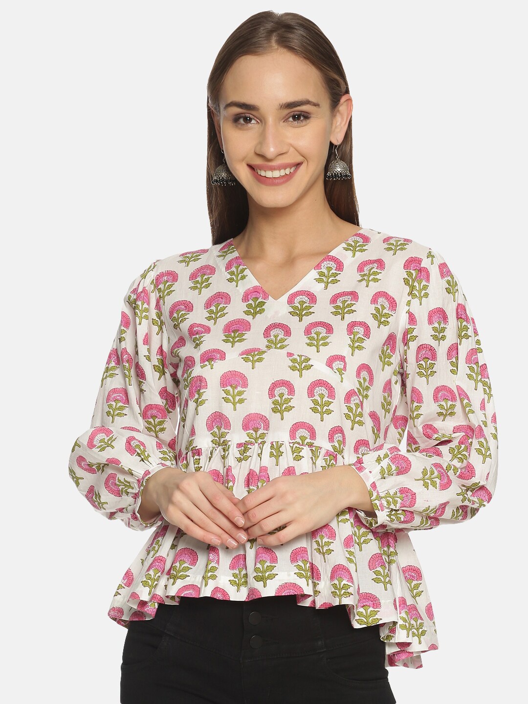 

Weaves of Tradition Floral Printed Puffed Sleeves Cotton Peplum Top, White