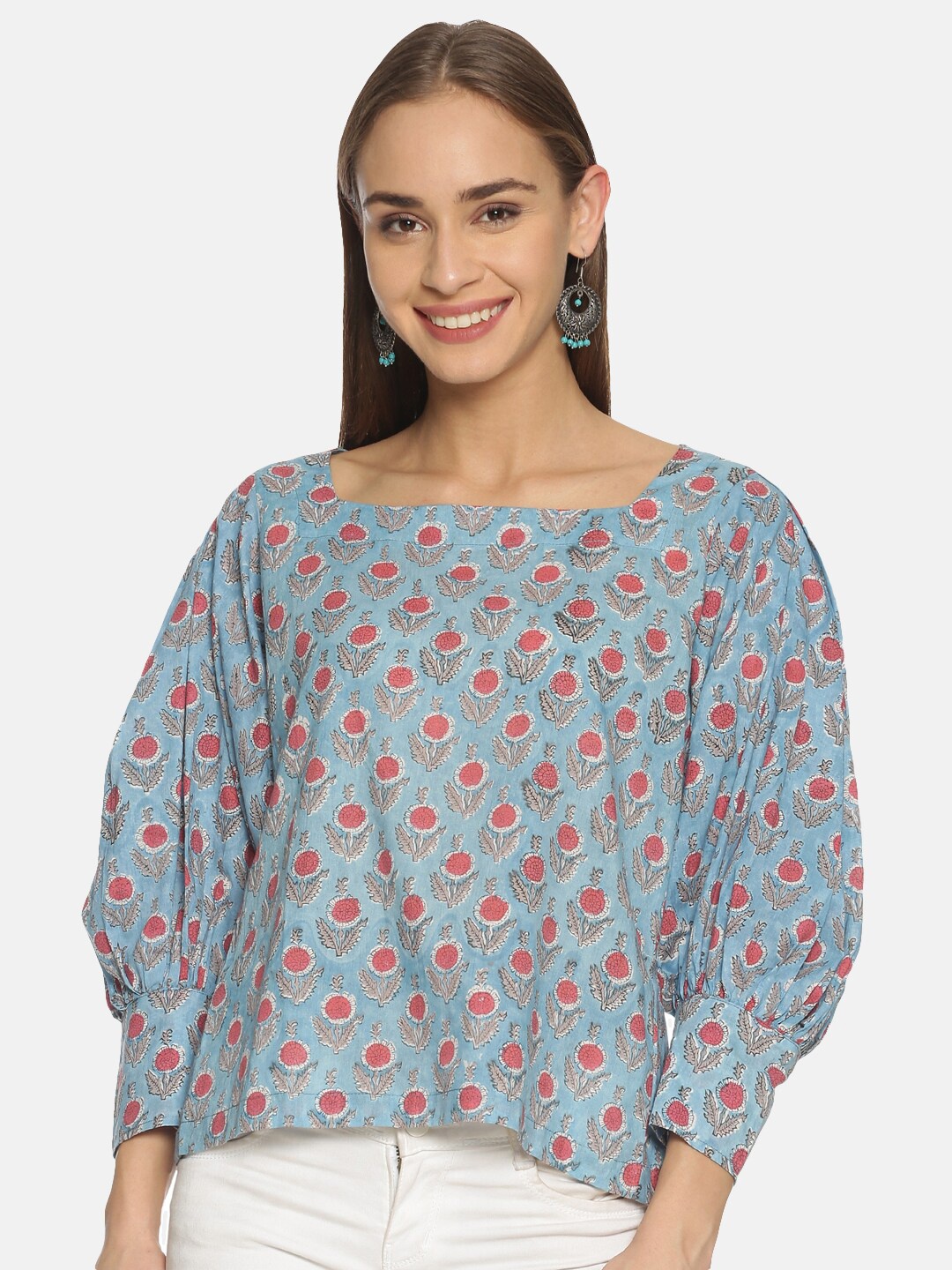 

Weaves of Tradition Floral Printed Square Neck Puff Sleeve Cotton Box Top, Blue