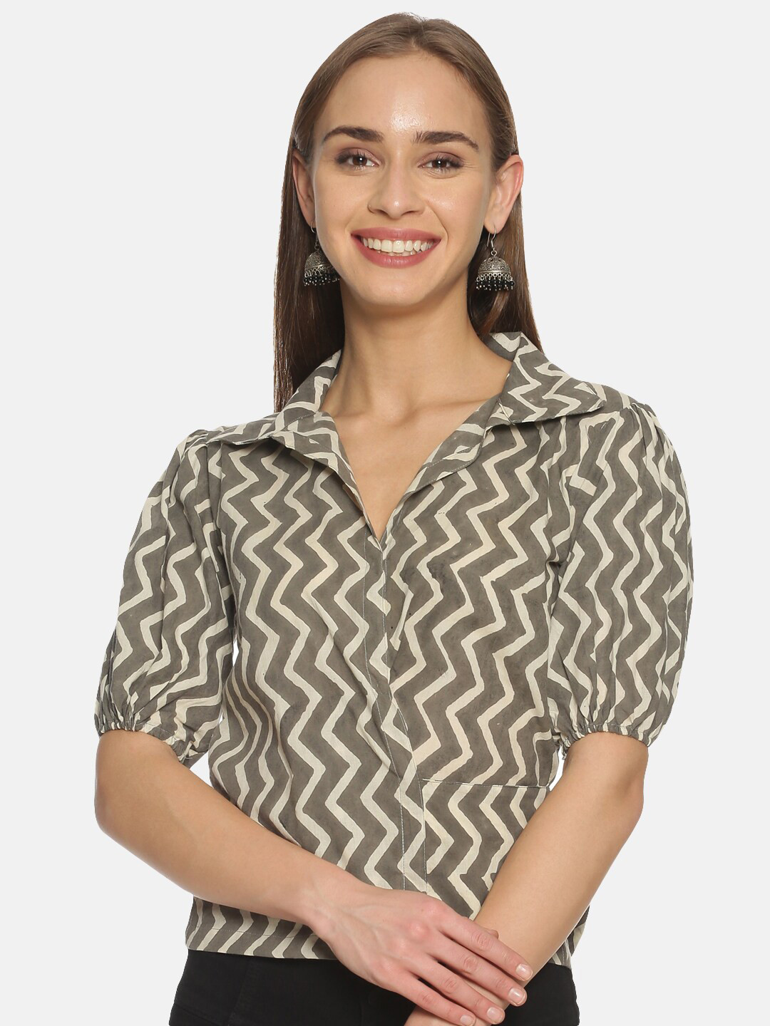 

Weaves of Tradition Geometric Printed Puffed Sleeves Cotton Shirt Style Top, Green