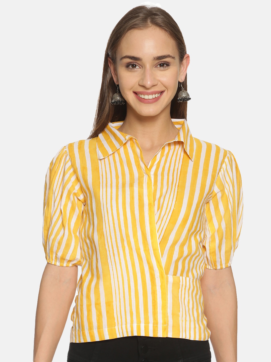 

Weaves of Tradition Striped Puff Sleeve Cotton Shirt Style Wrap Top, Yellow