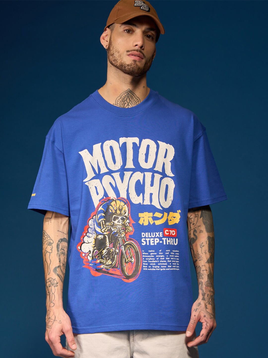 

Bonkers Corner Typography Printed Drop-Shoulder Sleeves Cotton Oversized T-shirt, Blue