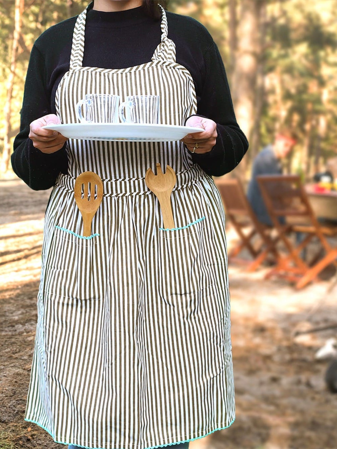 

Ratan Cart Brown Cotton Striped Bib Apron, Camel brown