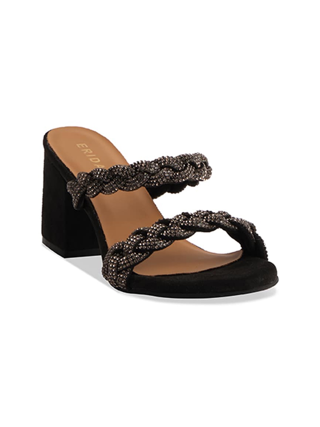 

ERIDANI Textured Open Toe Block Heels, Black