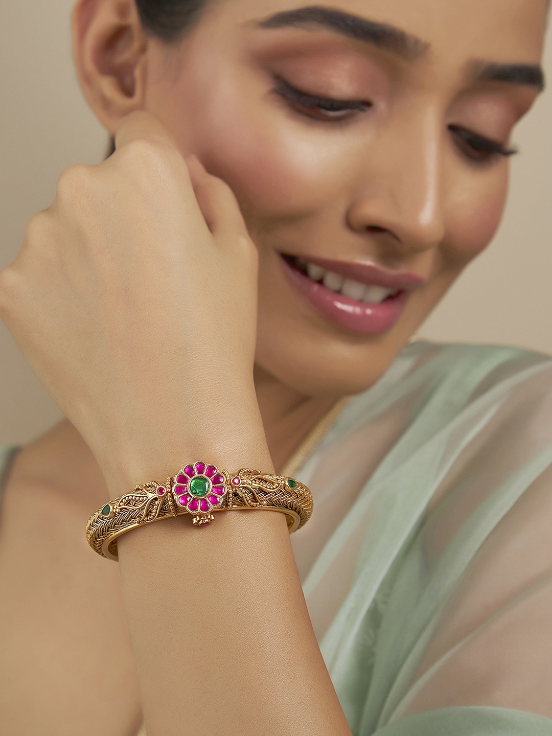 

Kushal's Fashion Jewellery Antique Gold-Plated Stone Studded Cuff Bracelet