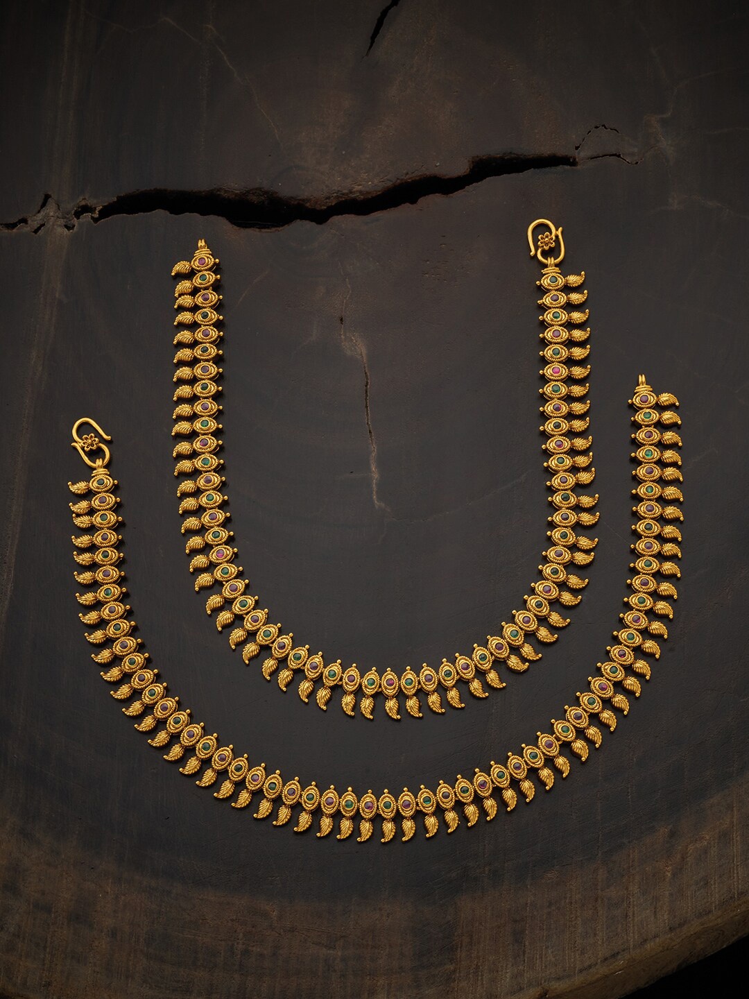 

Kushal's Fashion Jewellery Set Of 2 Gold-Plated Stones Studded Copper Antique Anklets