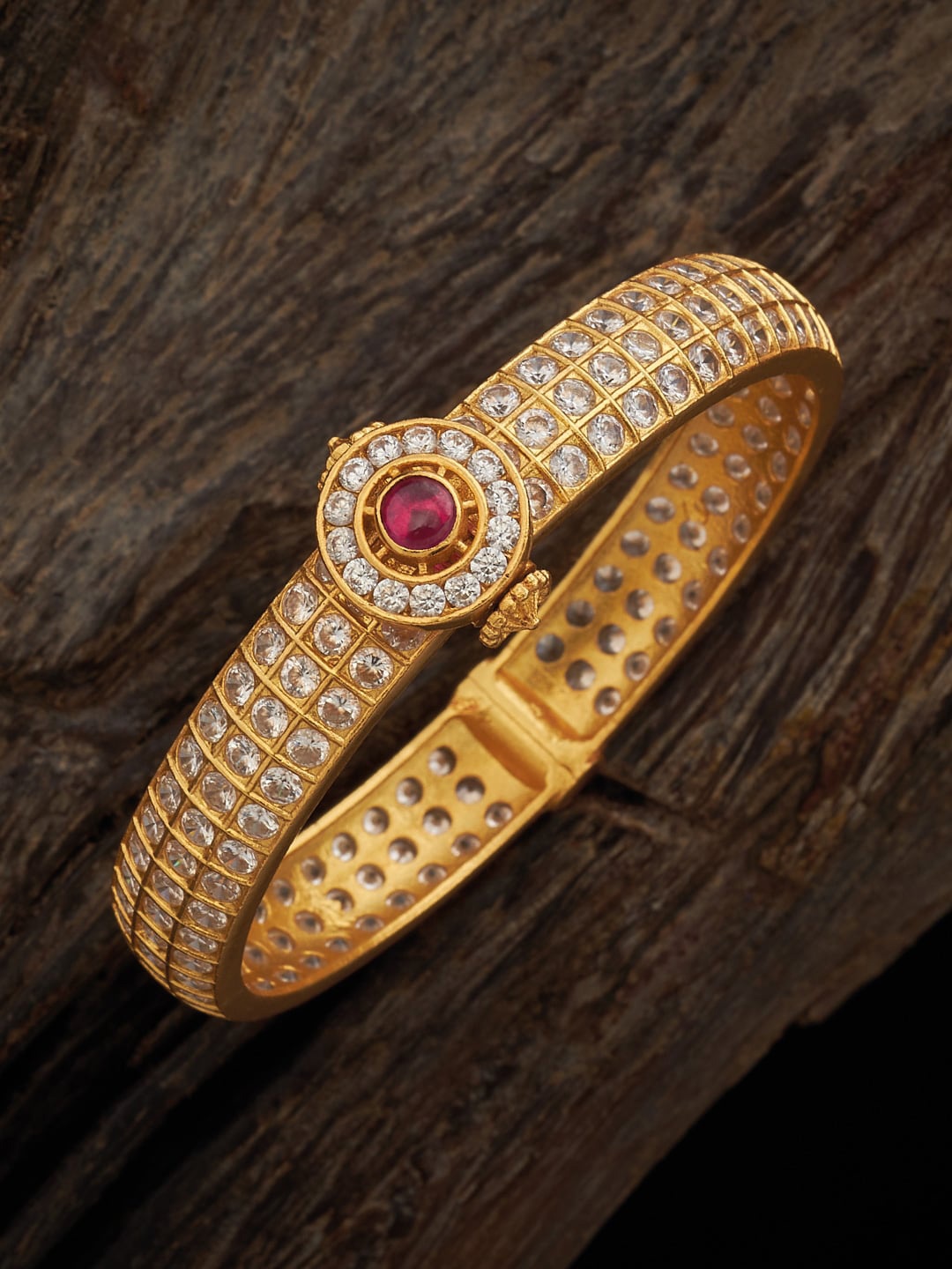 

Kushal's Fashion Jewellery Gold-Plated 92.5 Pure Silver Ruby Studded Temple Bangle, Red