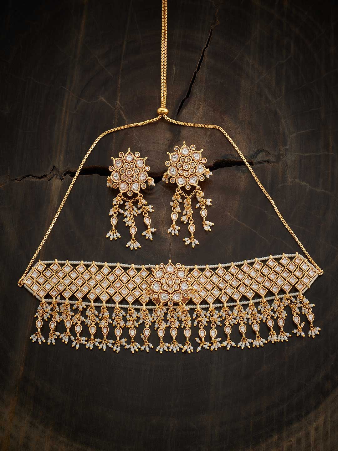 

Kushal's Fashion Jewellery Kundan Studded & Beaded Necklace & Earrings, Gold