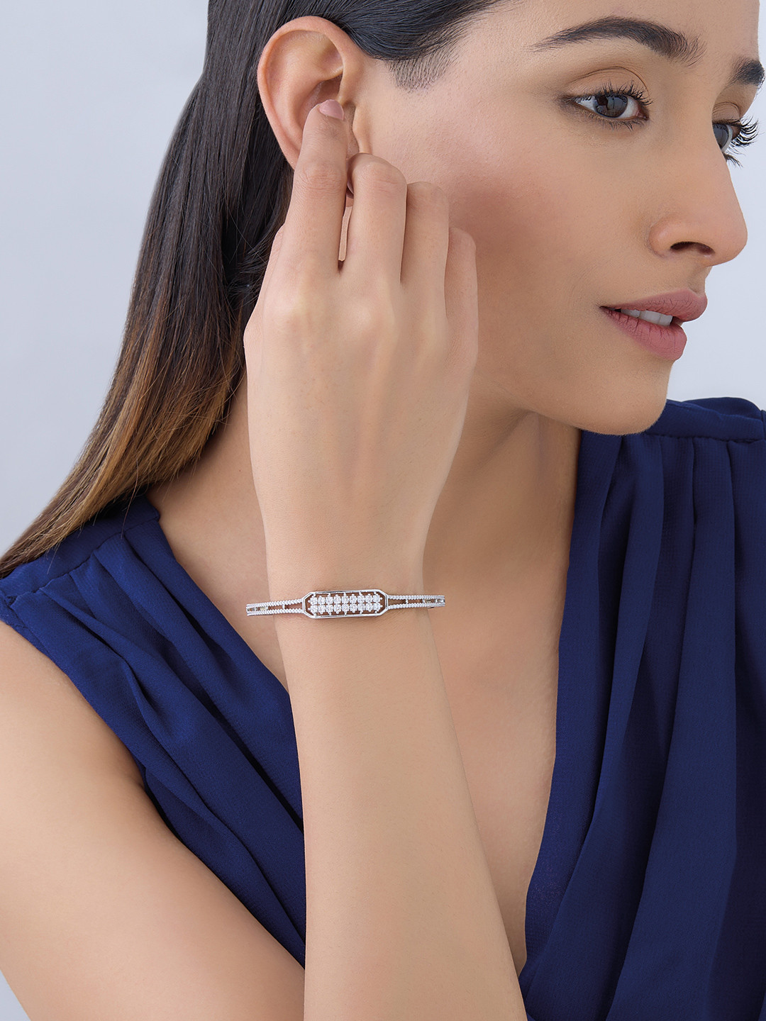 

Kushal's Fashion Jewellery Rhodium-Plated Cubic Zirconia Bangle Style Bracelet, Silver