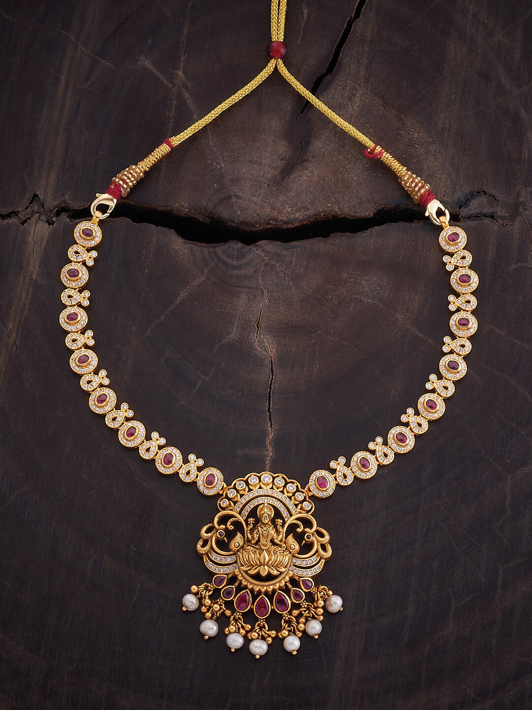

Kushal's Fashion Jewellery Gold-Plated 92.5 Pure Silver Stone Studded Temple Necklace, Red