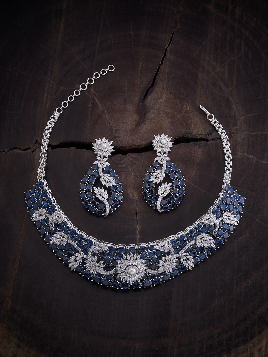 

Kushal's Fashion Jewellery Rhodium-Plated CZ Studded Jewellery Set, Silver