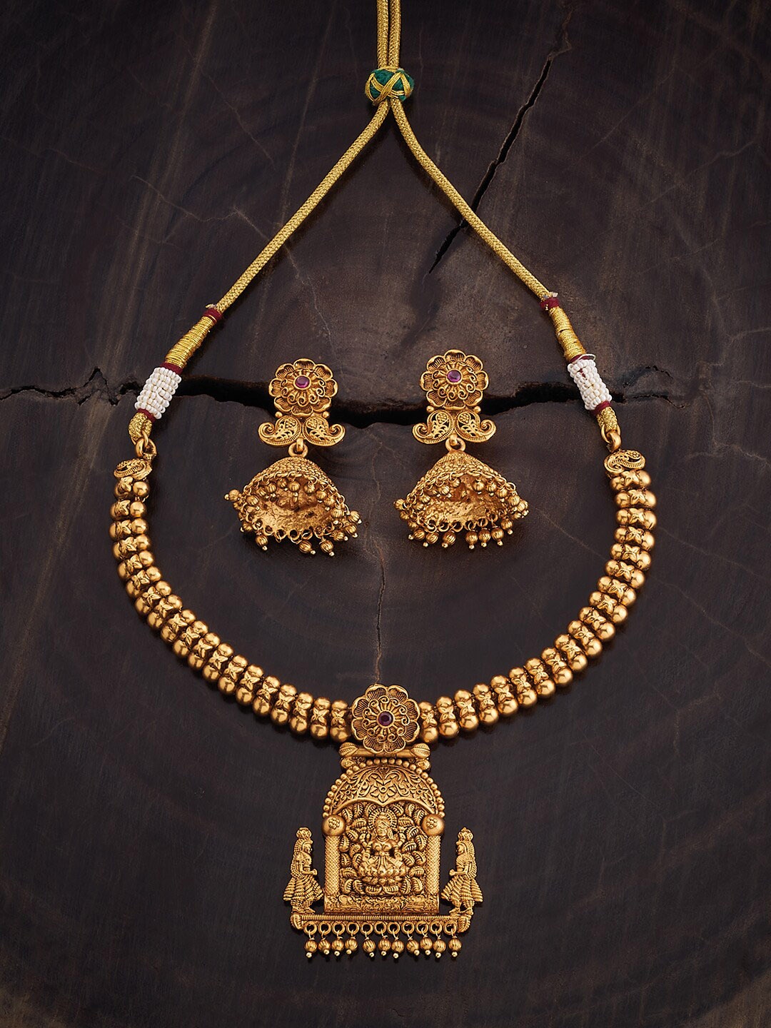 

Kushal's Fashion Jewellery Gold-Plated Stone Studded & Beaded Temple Jewellery Set