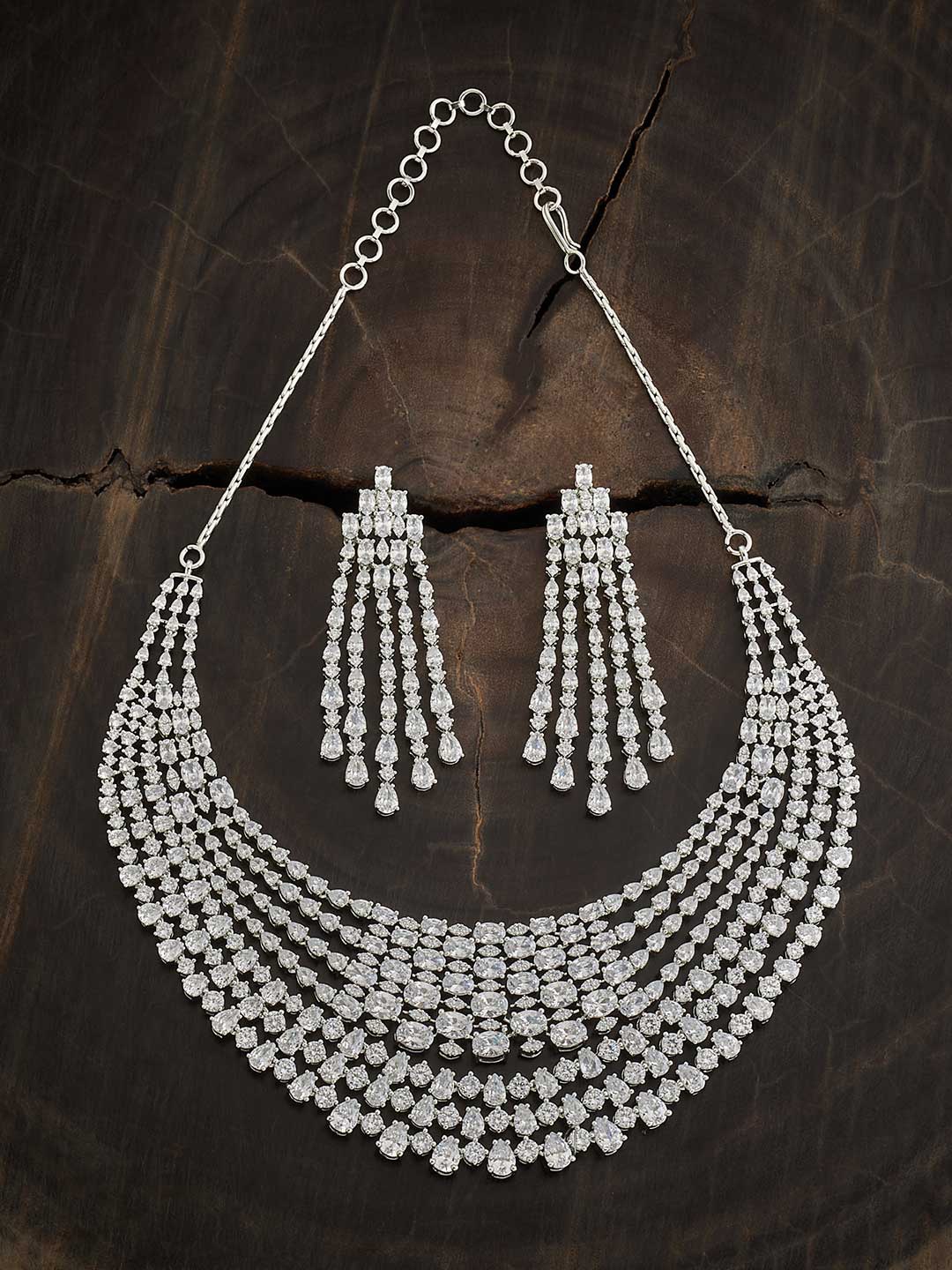 

Kushal's Fashion Jewellery Rhodium-Plated CZ Studded Necklace & Earrings, Silver