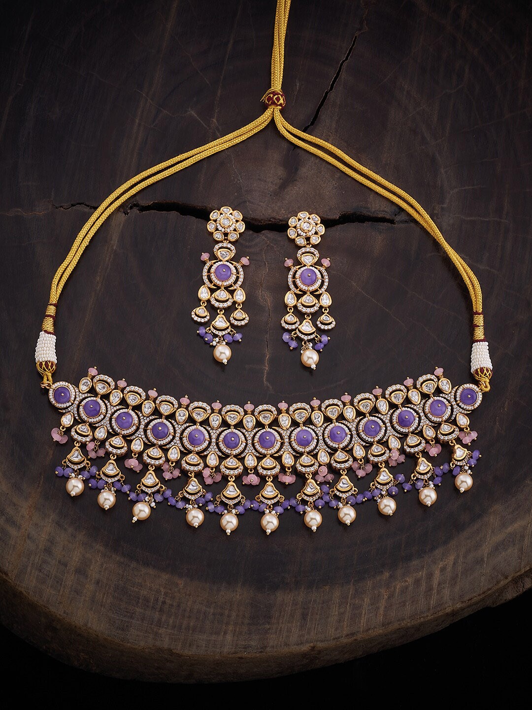 

Kushal's Fashion Jewellery Kundan Studded & Beaded Necklace & Earrings, Gold