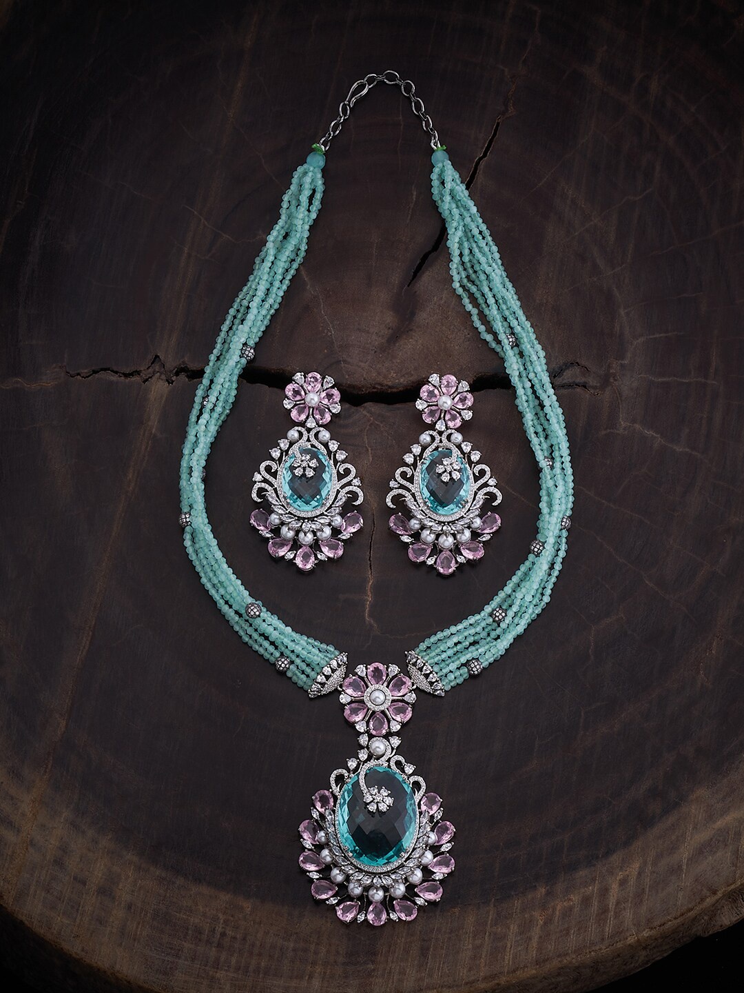 

Kushal's Fashion Jewellery Rhodium-Plated CZ Studded & Beaded Jewellery Set, Silver