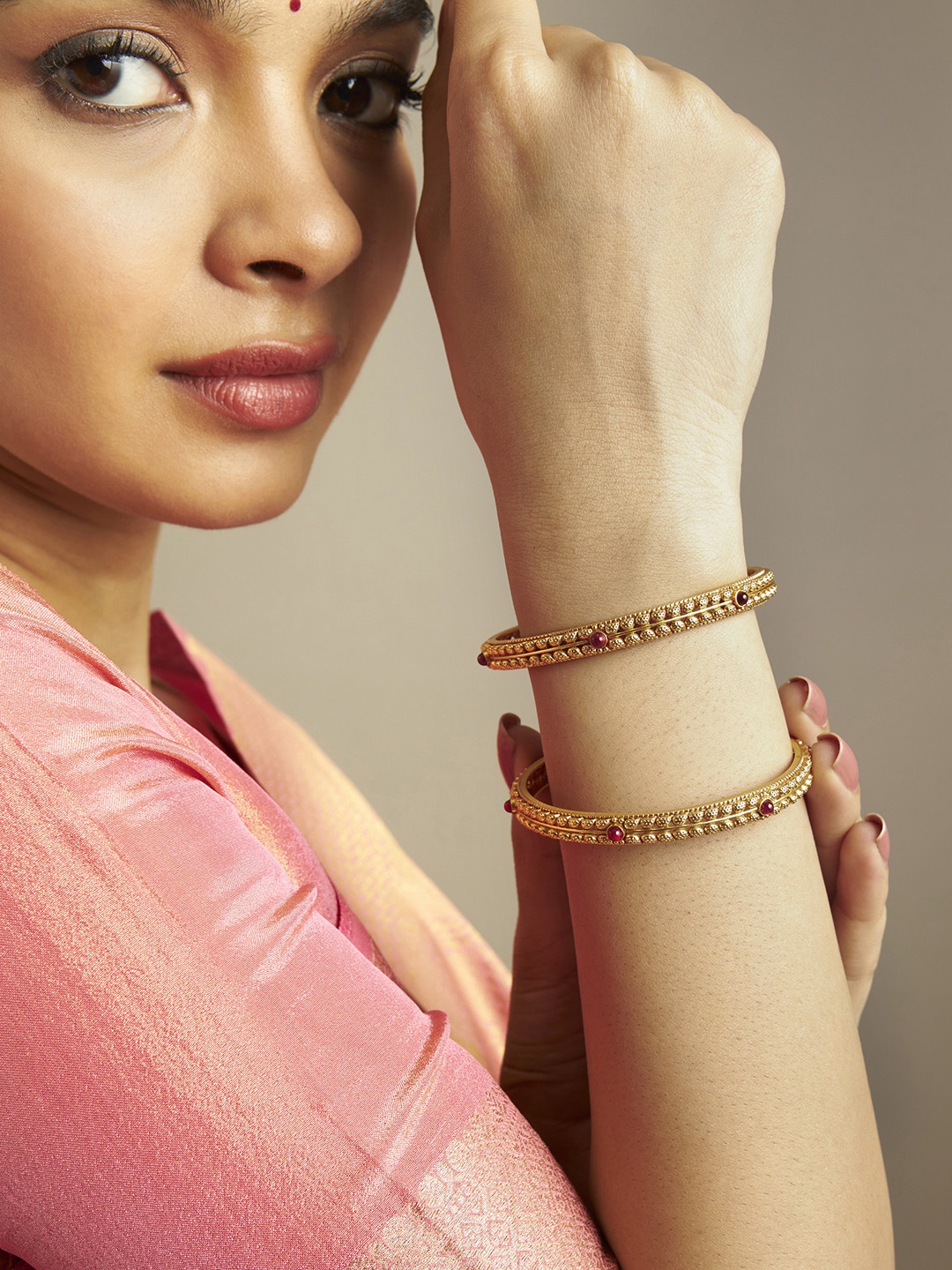 

Kushal's Fashion Jewellery Set Of 2 Gold-Plated 92.5 Pure Silver Temple Bangles