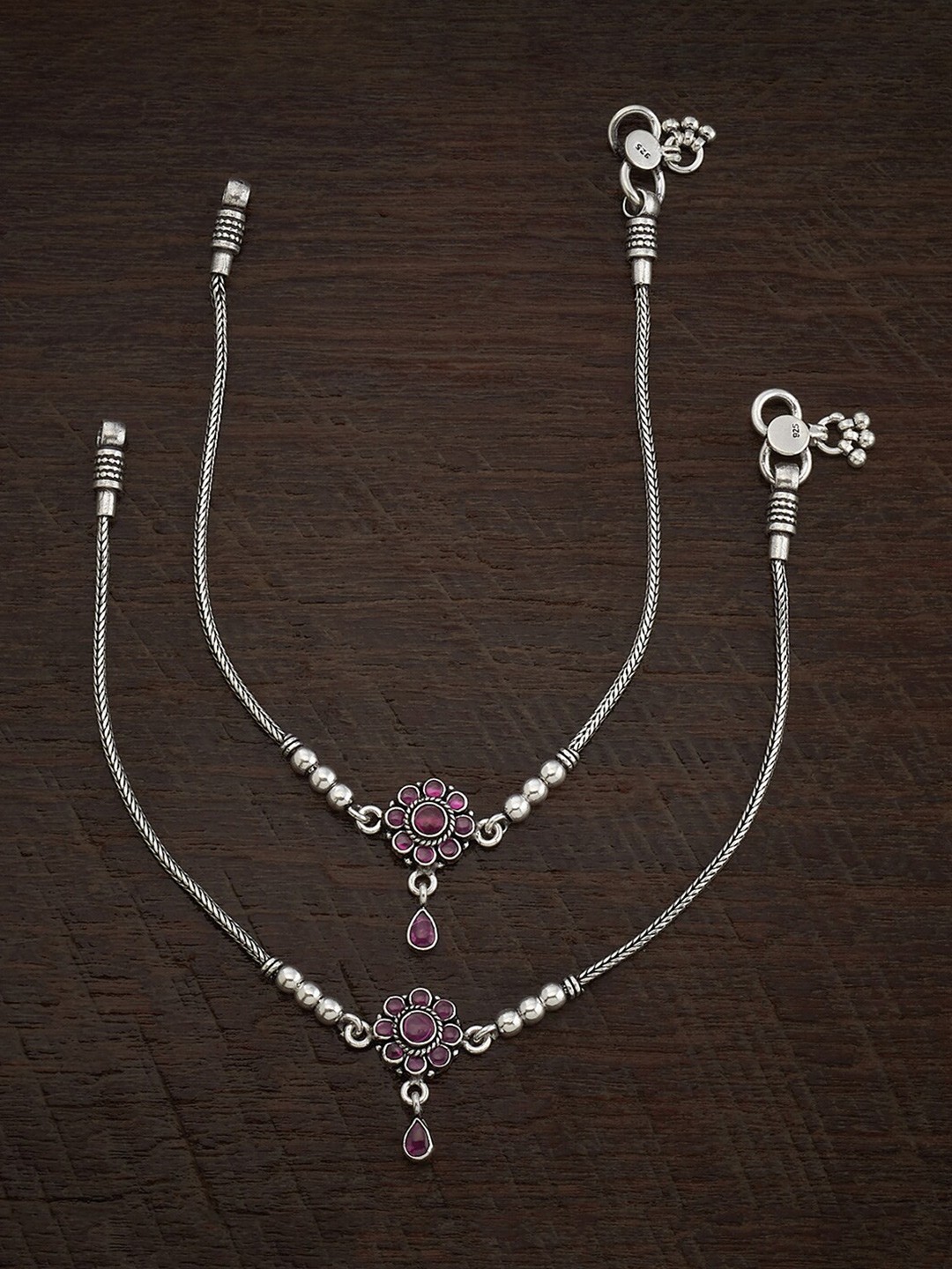 

Kushal's Fashion Jewellery Set Of 2 Rhodium-Plated Silver Stones Studded Anklets