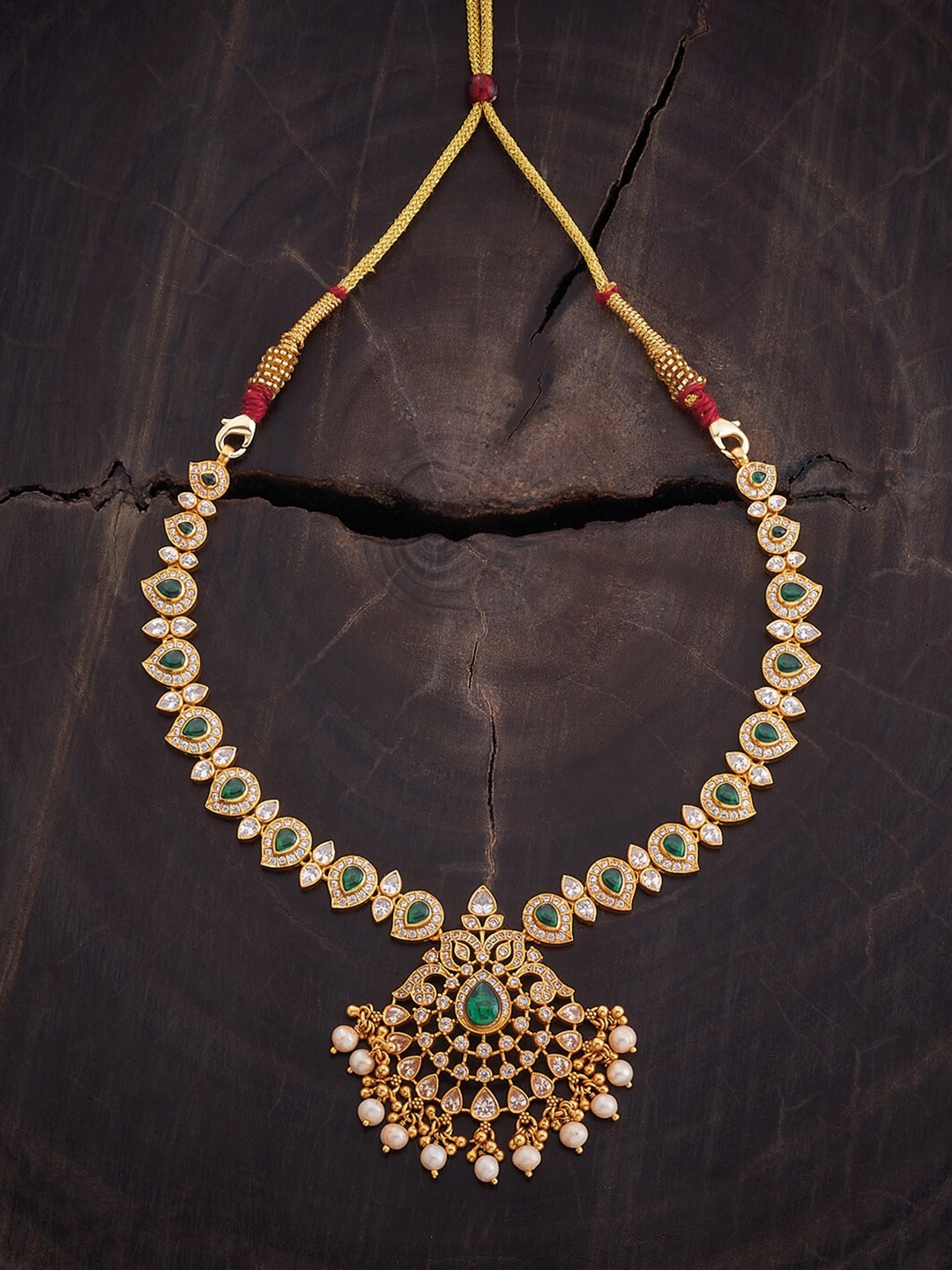 

Kushal's Fashion Jewellery 92.5 Pure Silver Gold-Plated Stones Studded Antique Necklace