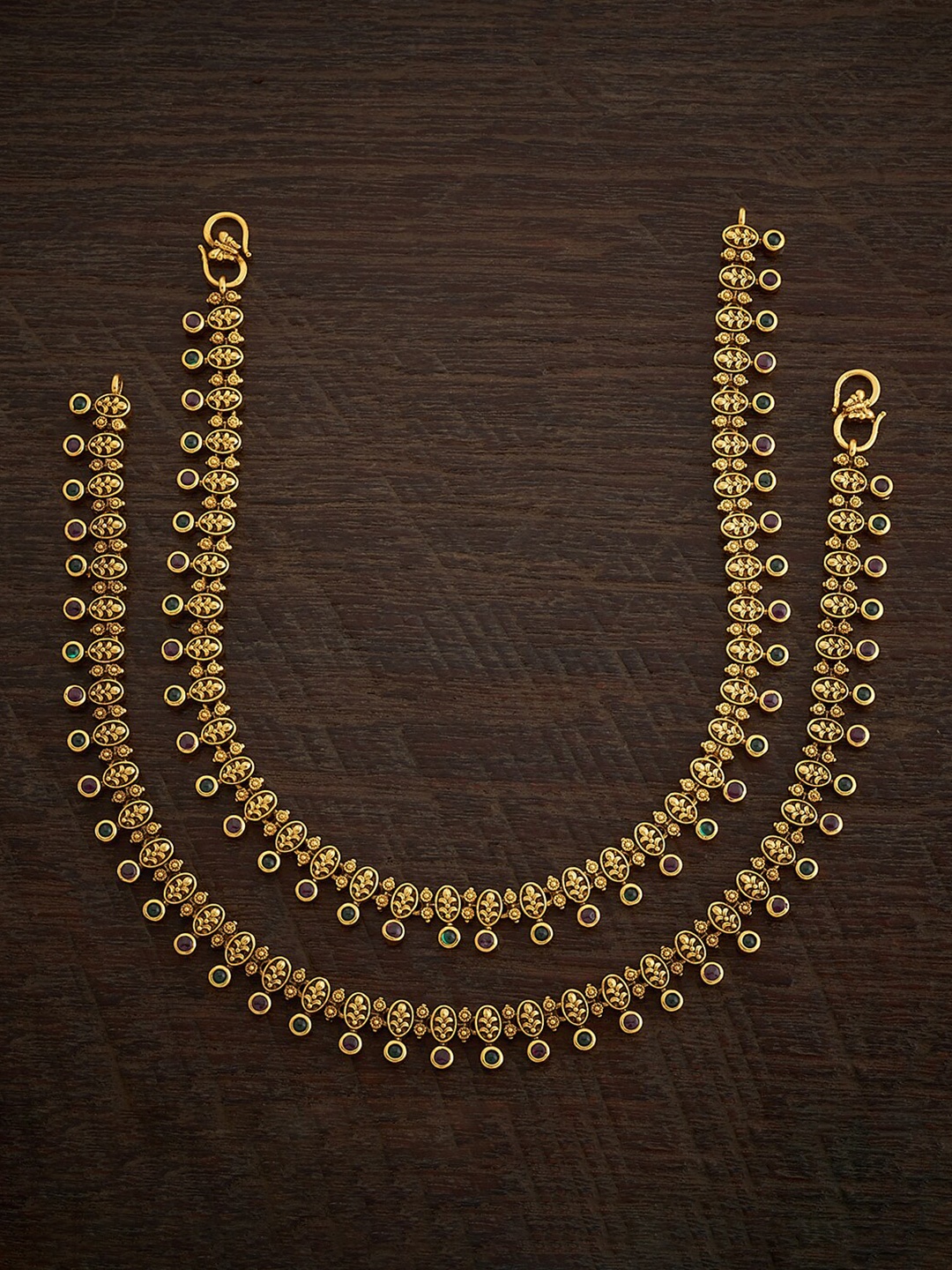 

Kushal's Fashion Jewellery Set Of 2 Gold-Plated Stones Studded Copper Antique Anklets