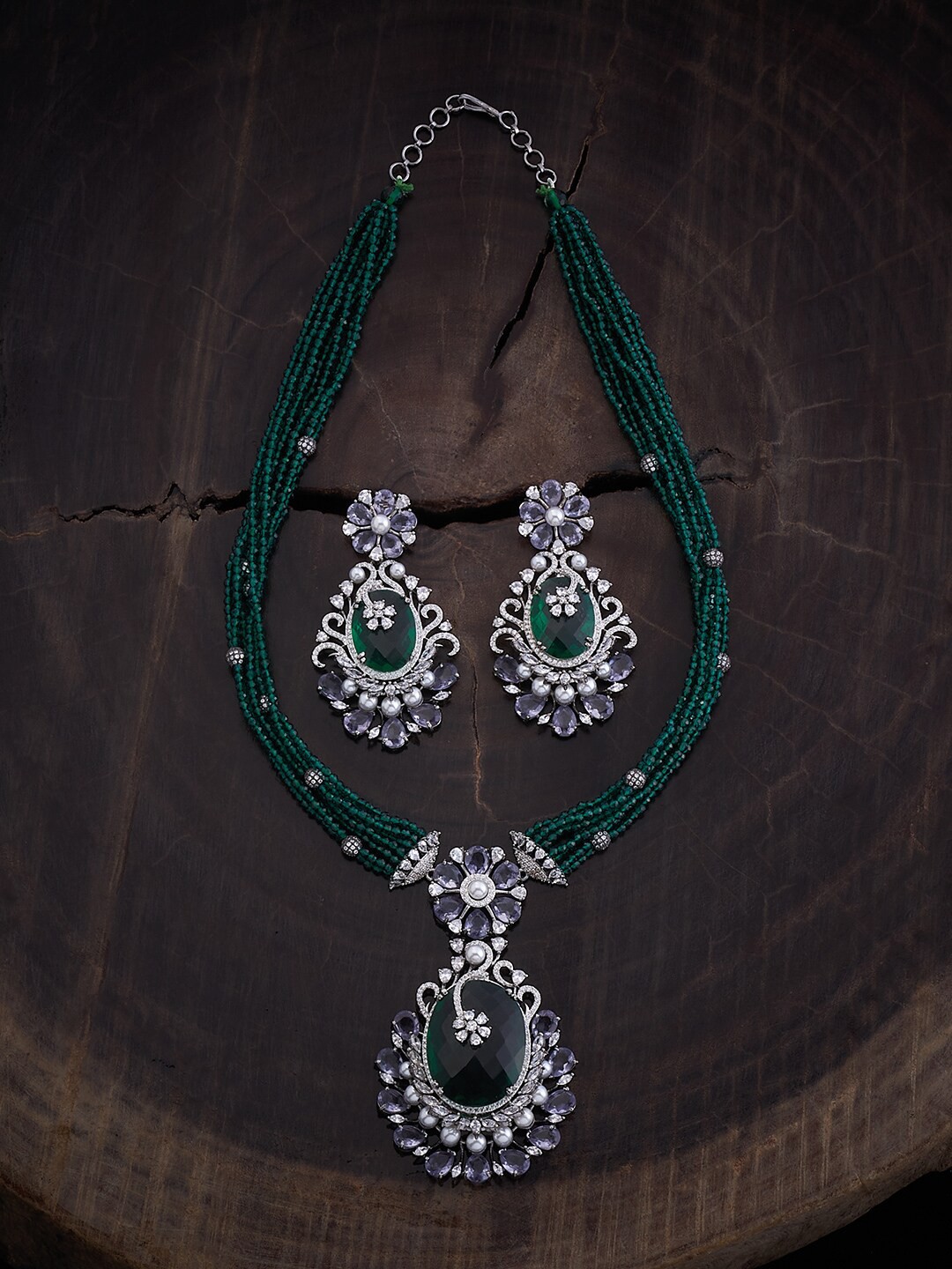 

Kushal's Fashion Jewellery Rhodium-Plated CZ Studded & Beaded Jewellery Set, Gold