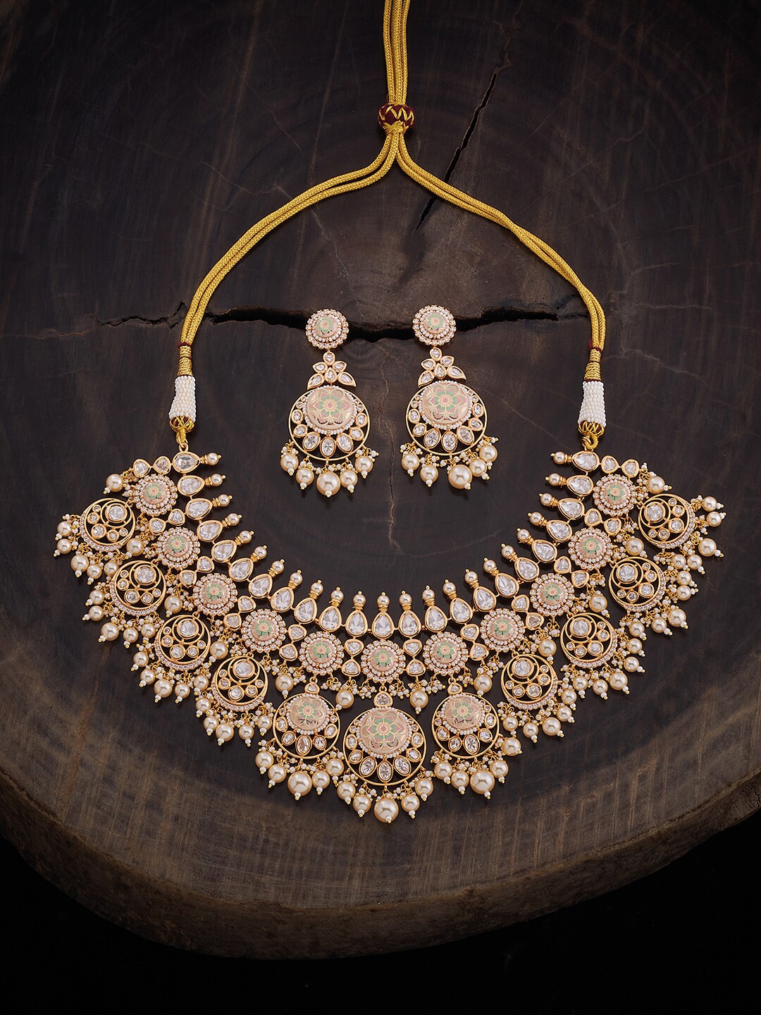 

Kushal's Fashion Jewellery Kundan Studded & Beaded Necklace & Earrings, Gold