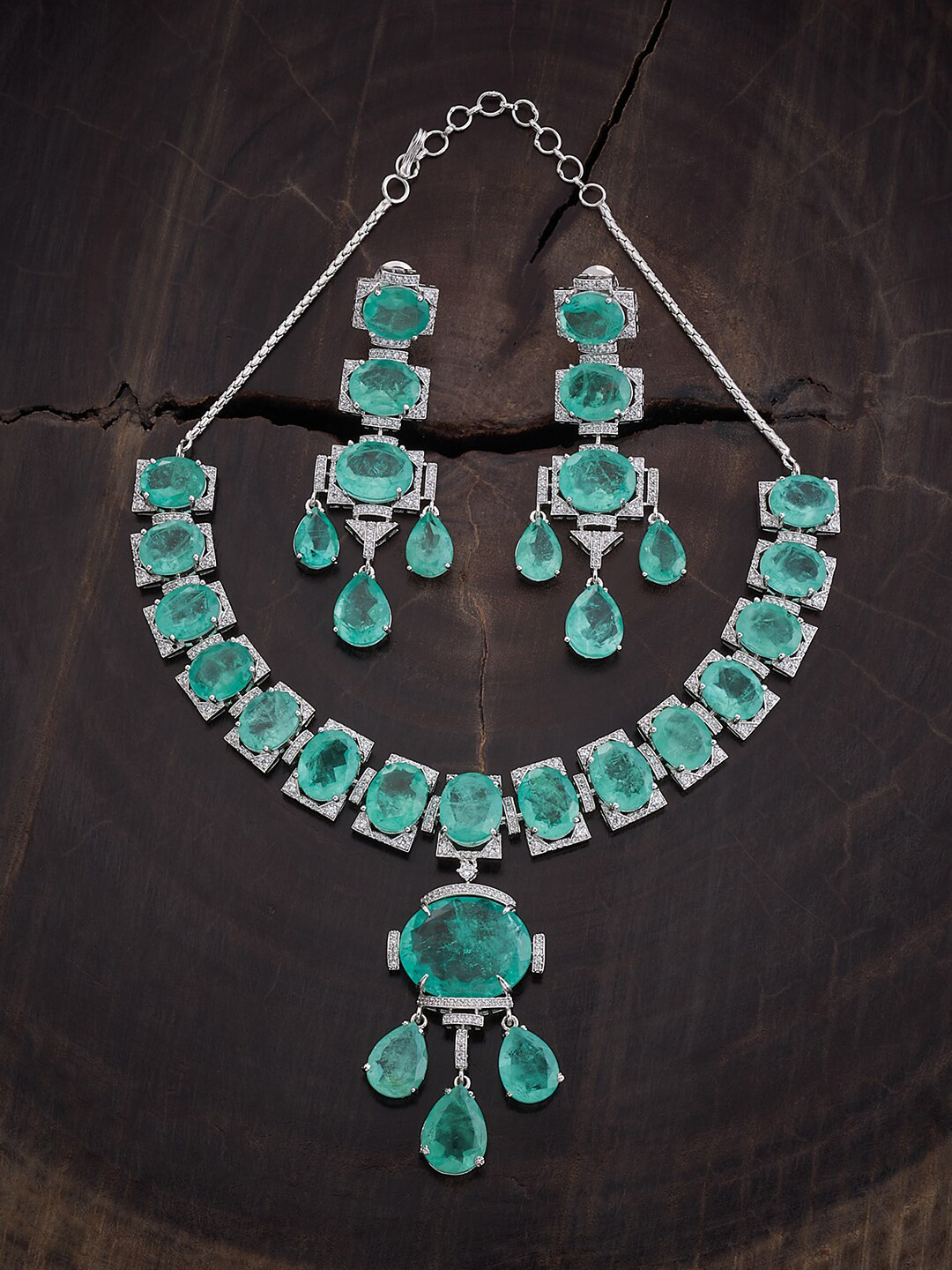 

Kushal's Fashion Jewellery Rhodium-Plated CZ Studded Jewellery Set, Silver