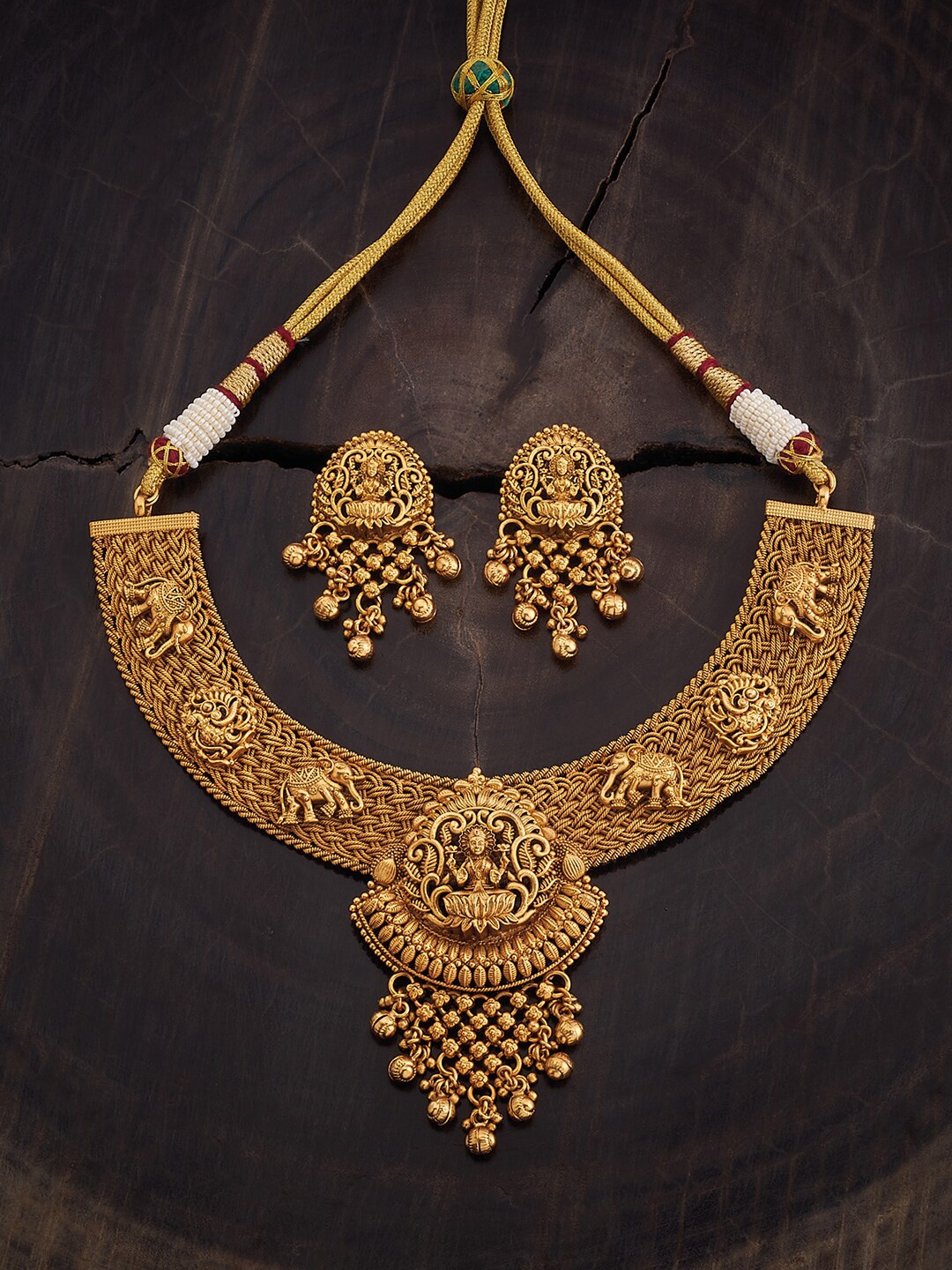 

Kushal's Fashion Jewellery Gold-Plated Beaded Temple Necklace & Earrings