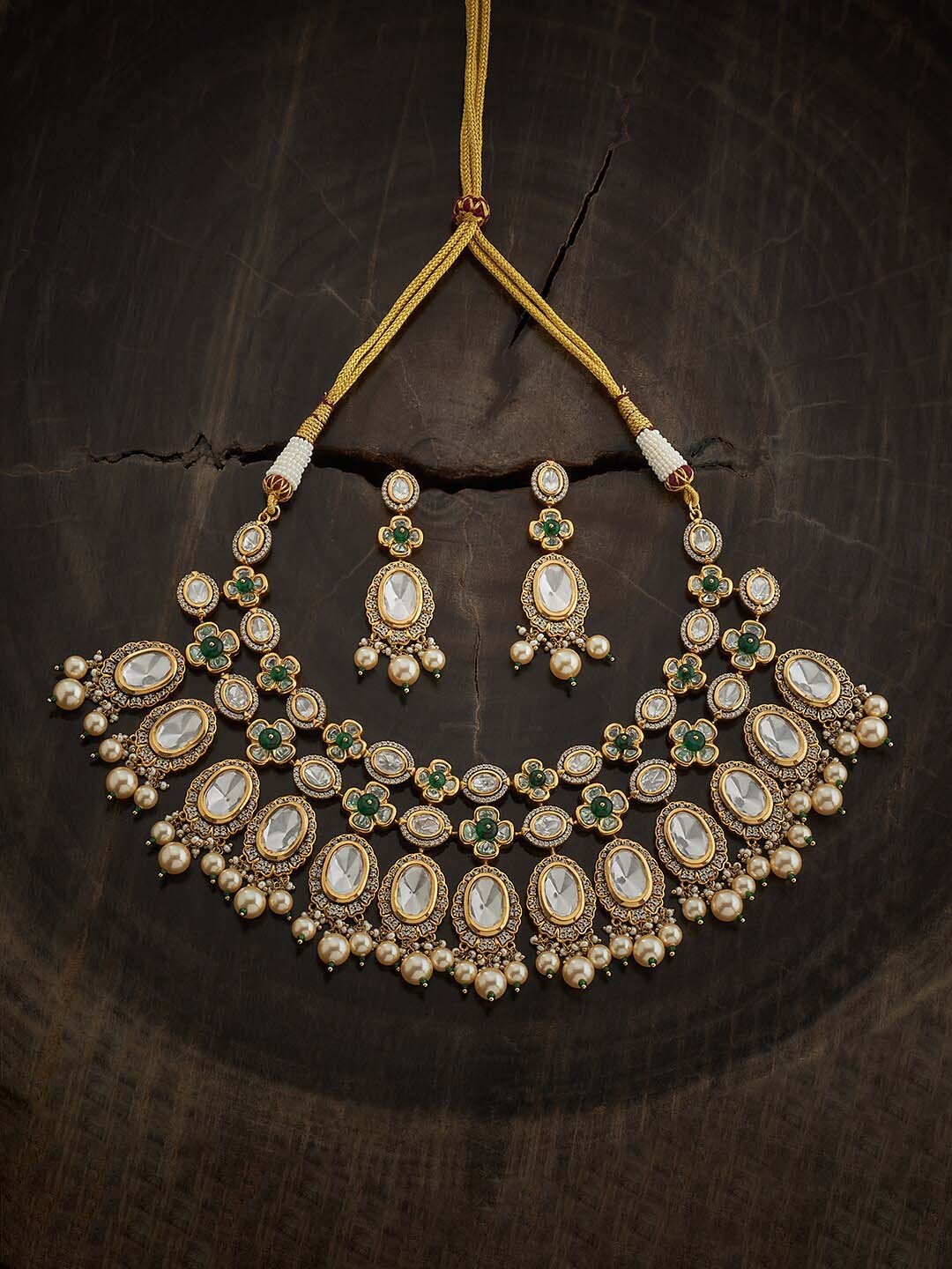 

Kushal's Fashion Jewellery Kundan Studded & Beaded Necklace & Earrings, Gold