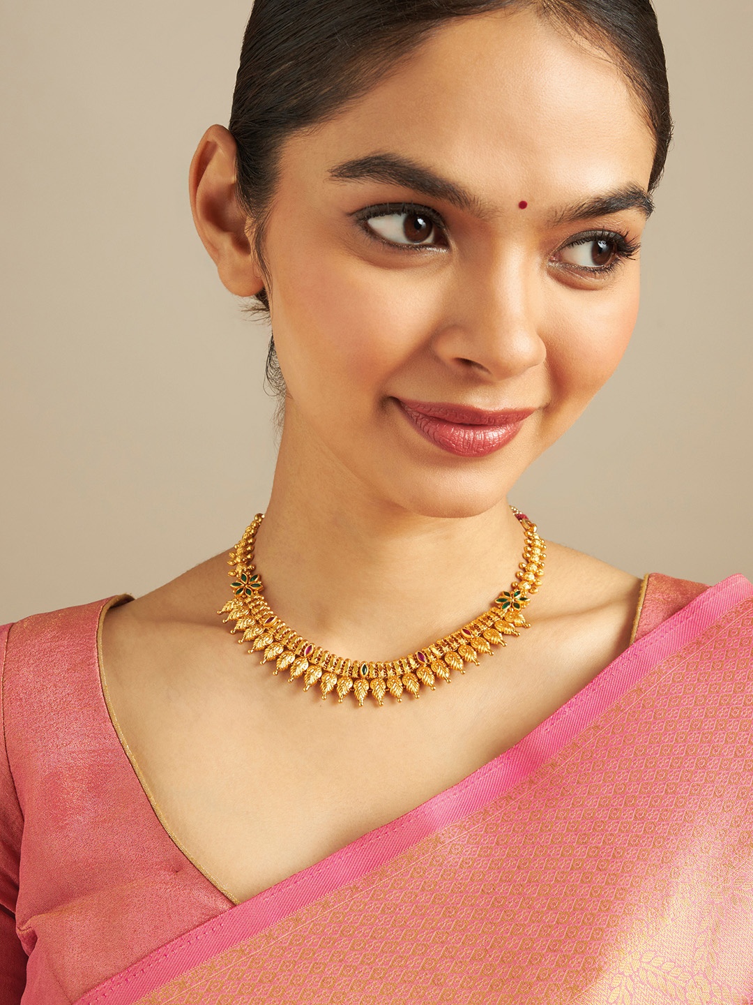 

Kushal's Fashion Jewellery 92.5 Pure Silver Gold-Plated Stones Studded Antique Necklace