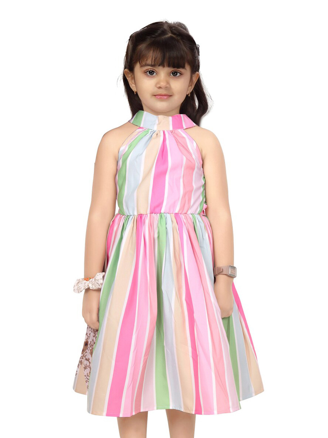 

BAESD Girls Striped Halter Neck Fit & Flare Dress, Pink