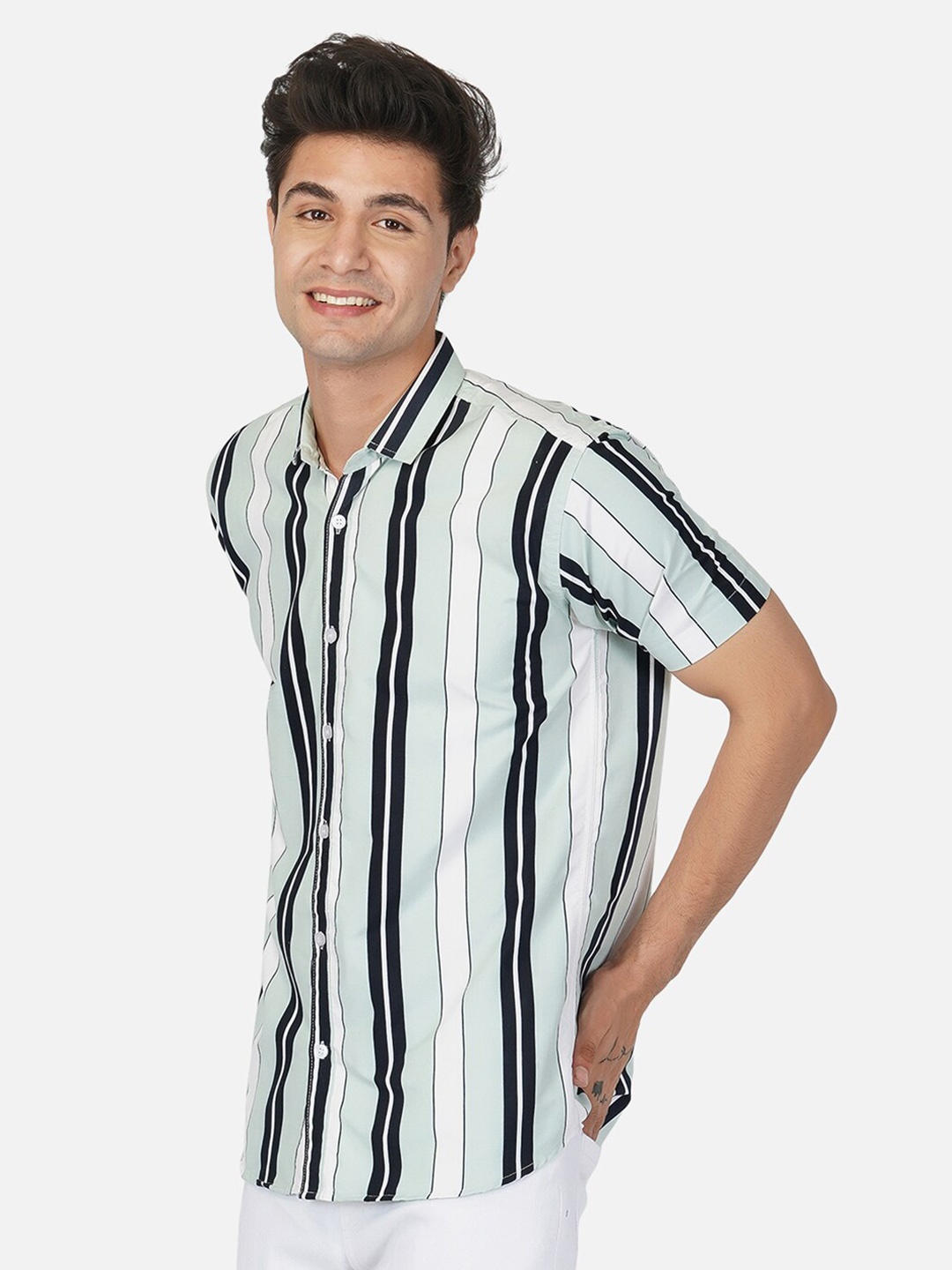 

BASE 41 Slim Fit Vertical Striped Casual Cotton Shirt, Green