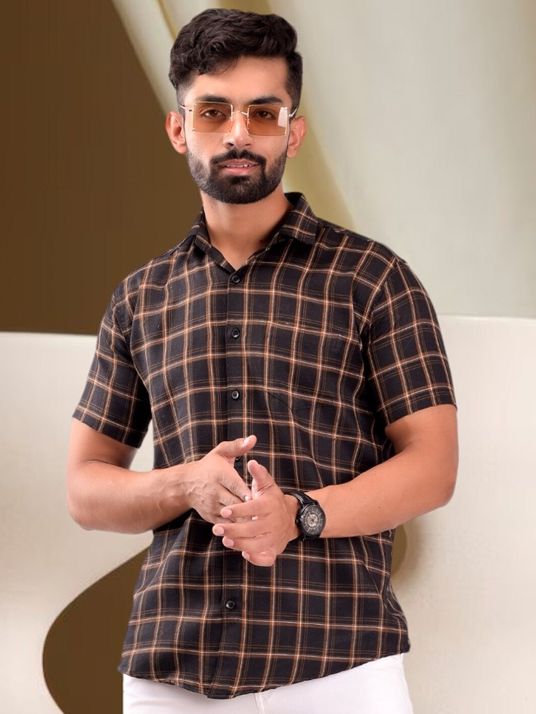 

BASE 41 Men Slim Fit Windowpane Checks Opaque Checked Casual Shirt, Brown