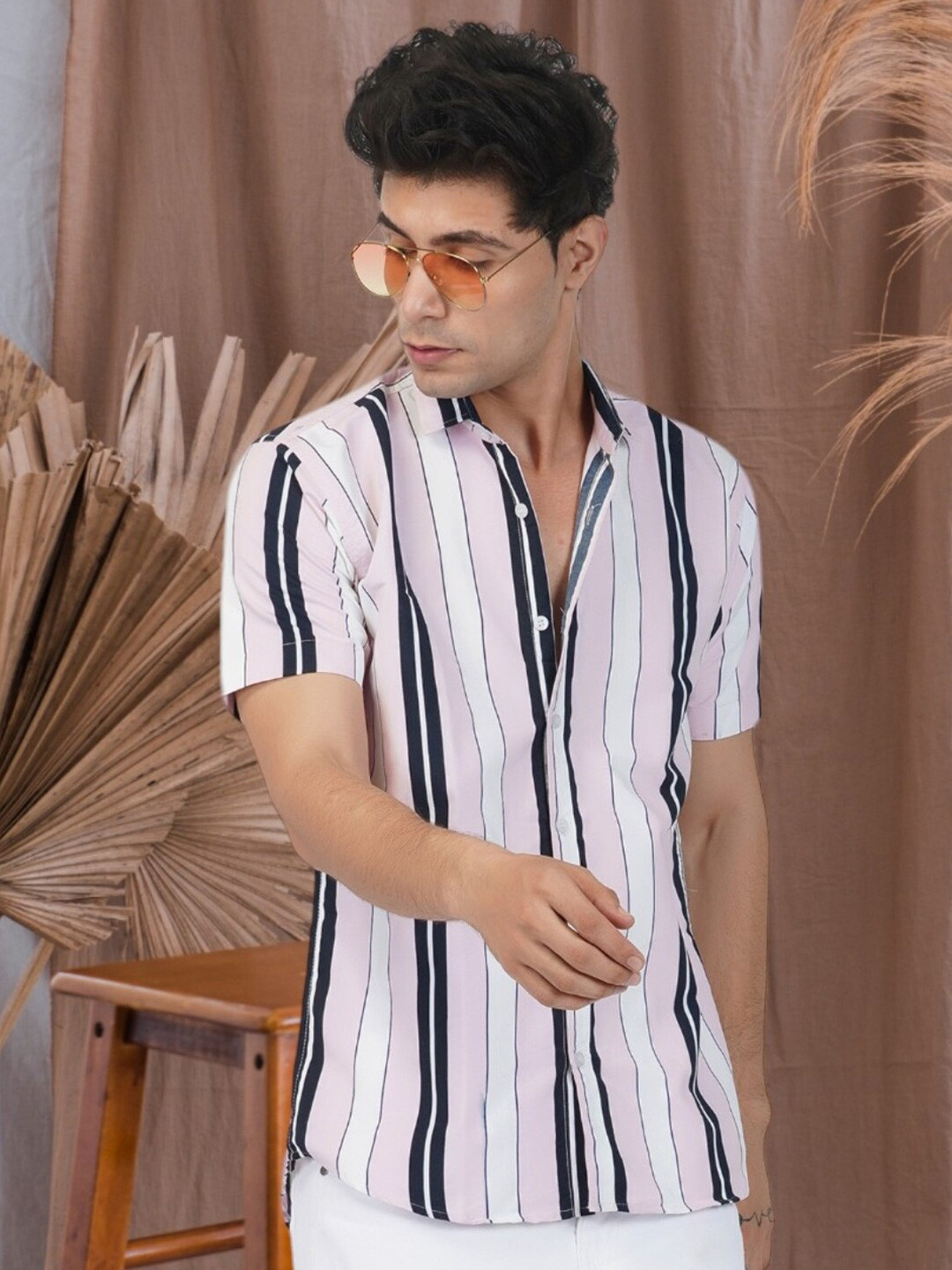 

BASE 41 Spread Collar Slim Fit Striped Casual Cotton Shirt, Pink