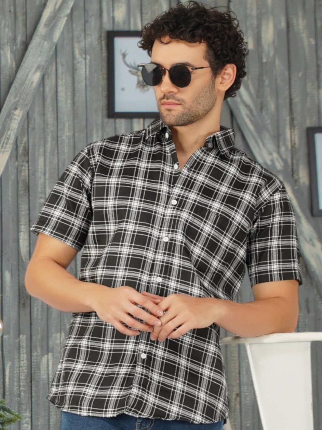 

BASE 41 Spread Collar Slim Fit Tartan Checked Casual Shirt, Black