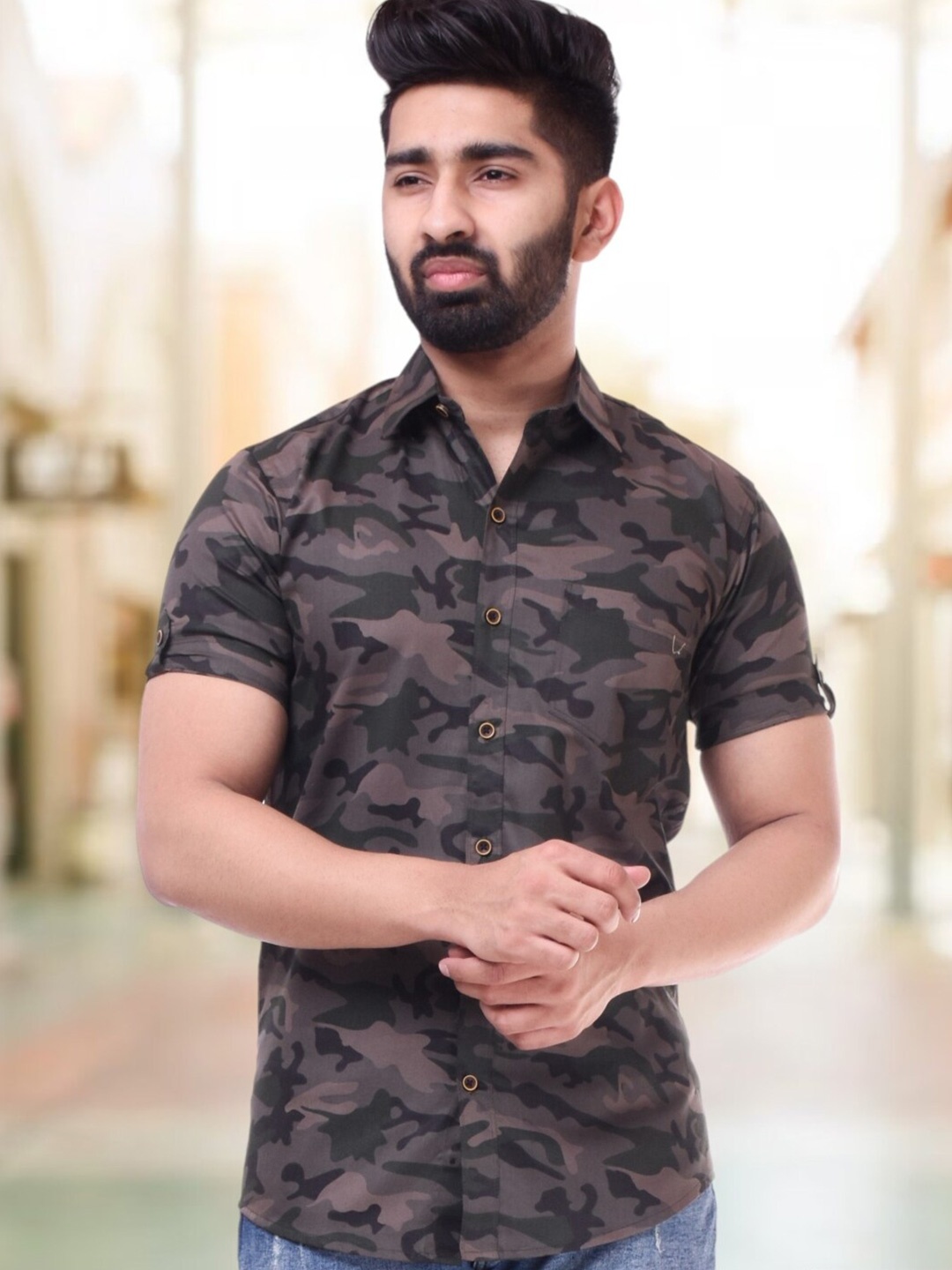 

BASE 41 Spread Collar Slim Fit Camouflage Printed Casual Shirt, Brown