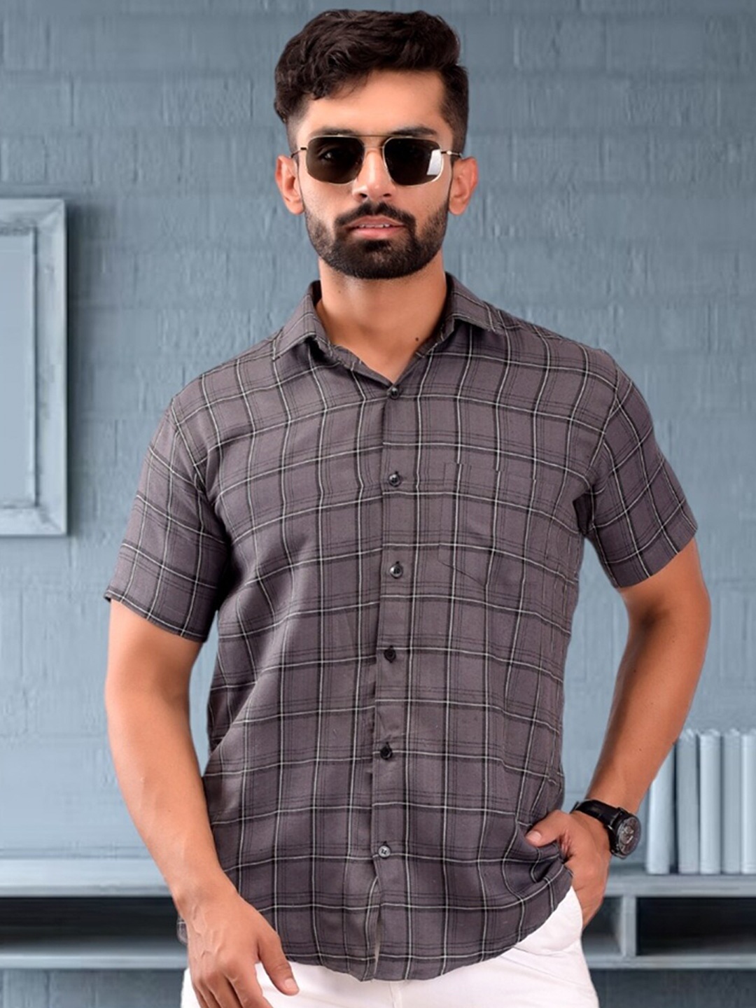 

BASE 41 Spread Collar Slim Fit Windowpane Checked Casual Shirt, Grey