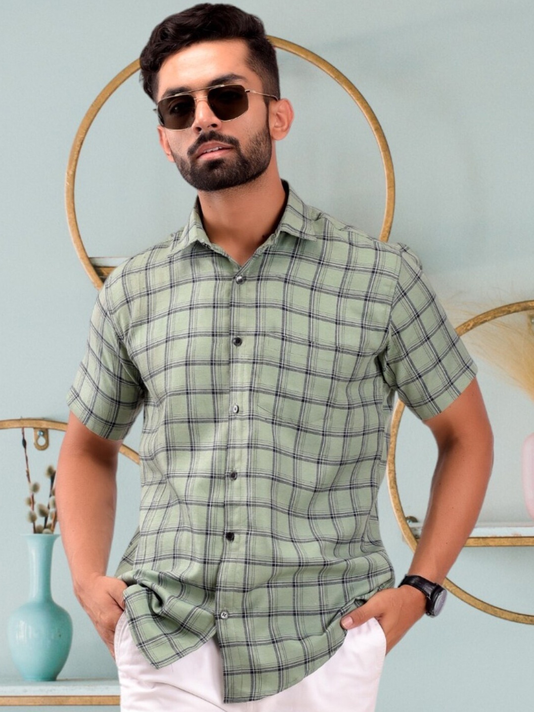 

BASE 41 Spread Collar Slim Fit Windowpane Checked Casual Shirt, Green