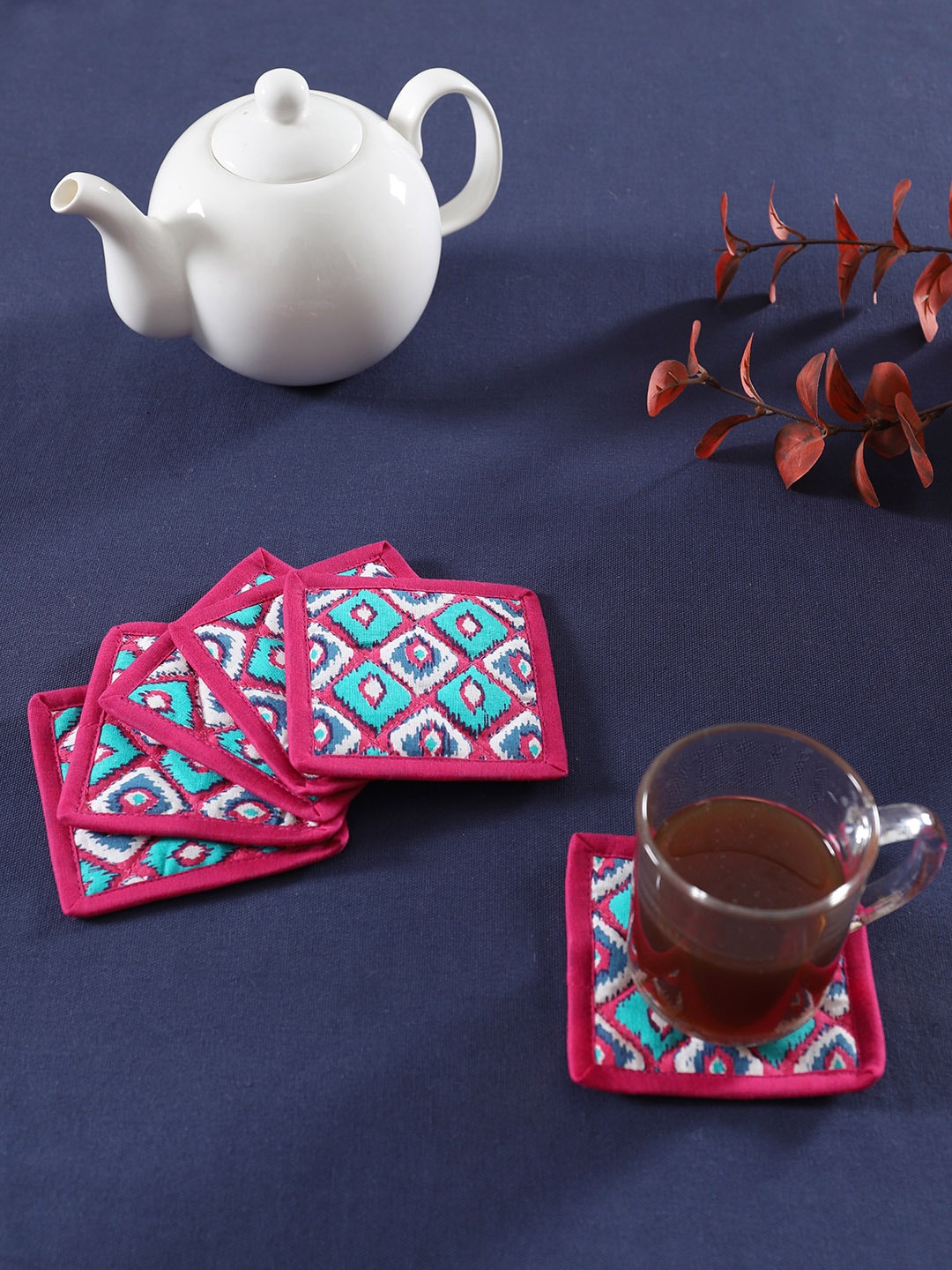 

TARAN LIVING Pink & Blue 6 Pieces Printed Cotton Coasters