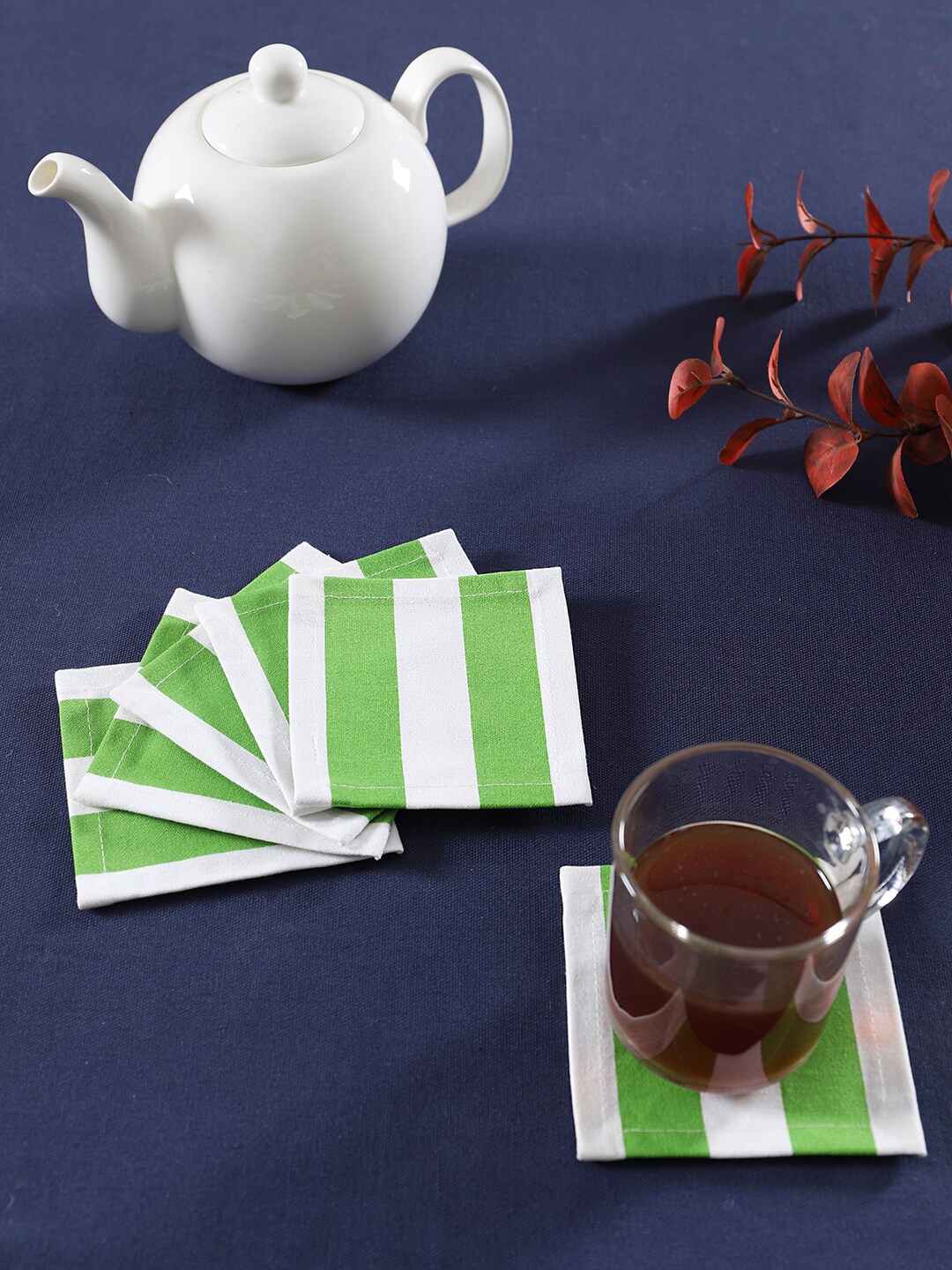 

Ratan Cart Green &White 6 Pieces Striped Cotton Coasters