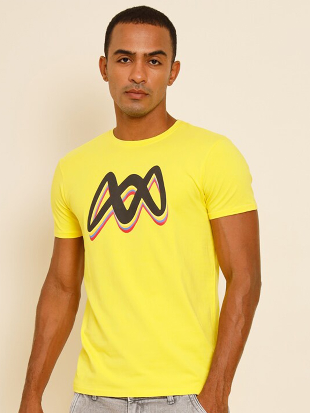 

MUWIN Abstract Printed Round Neck Short Sleeves Bio Finish Cotton Regular T-shirt, Yellow