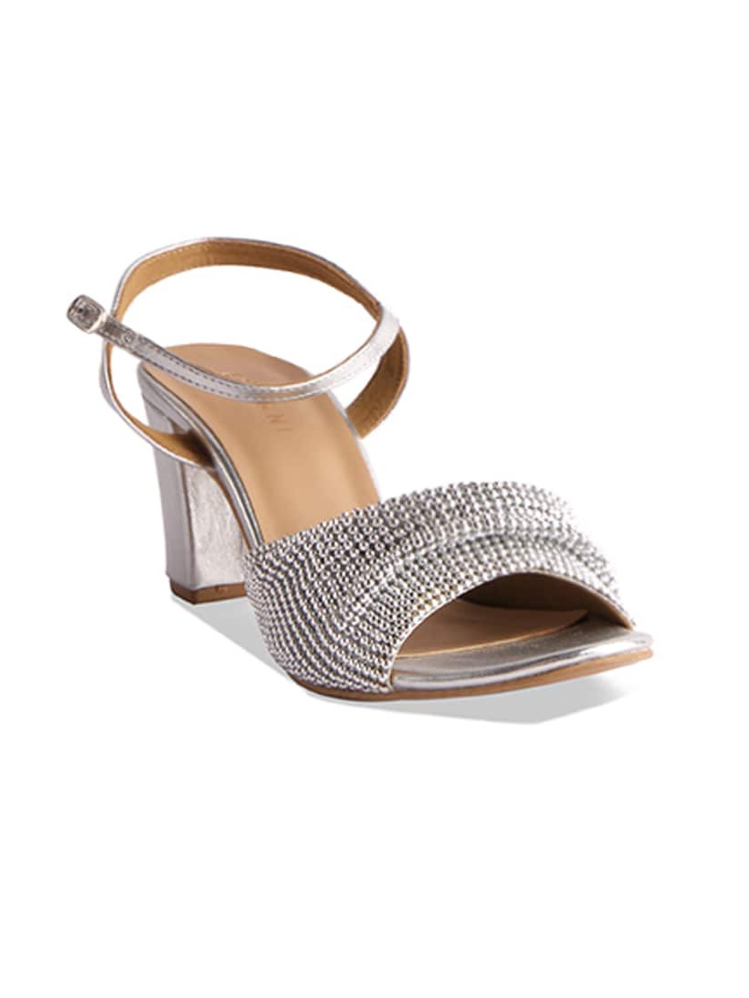 

ERIDANI Embellished Open Toe Backstrap Block Heels, Silver
