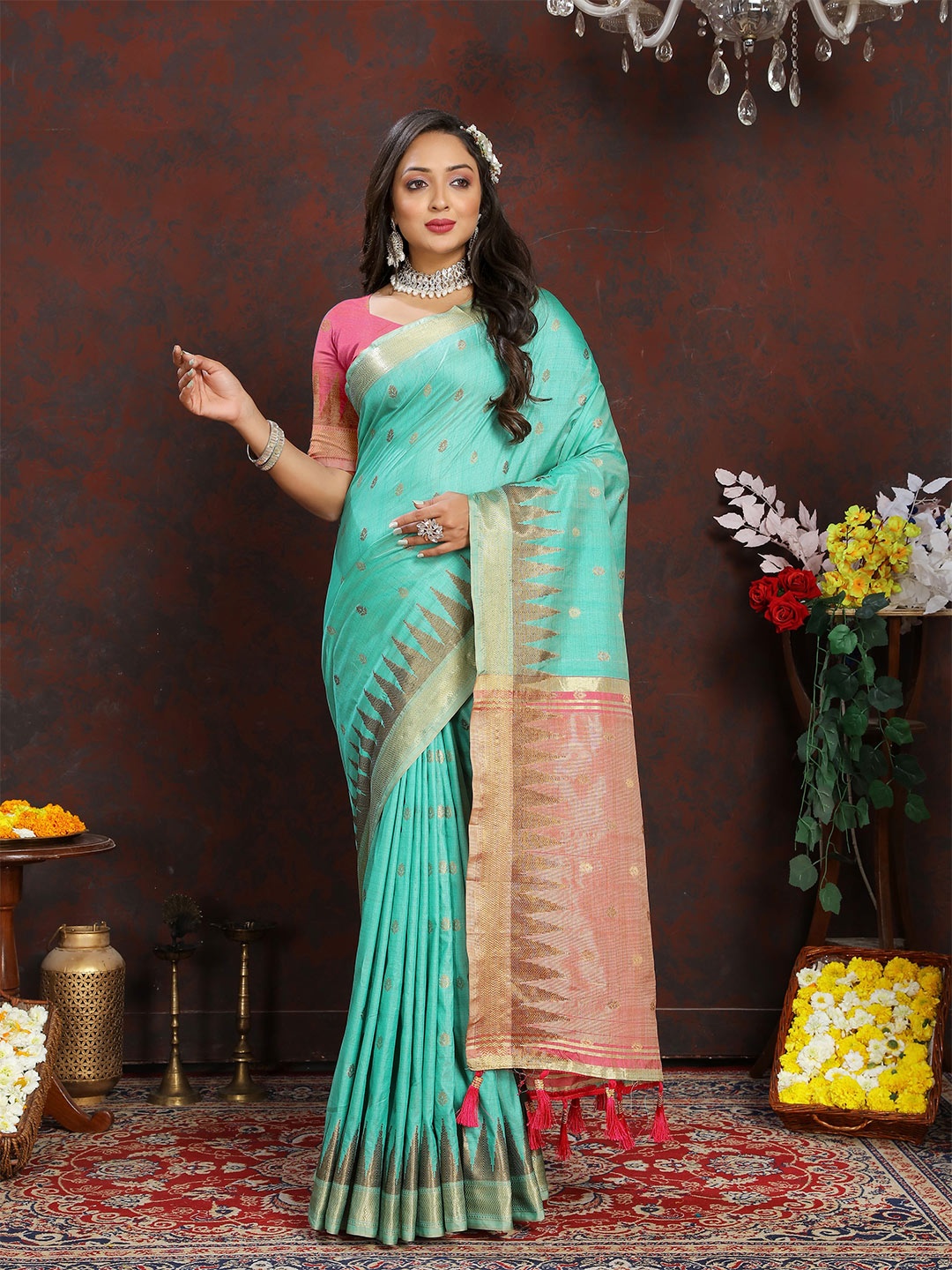 

bansari textiles Ethnic Motifs Woven Design Zari Banarasi Saree, Sea green