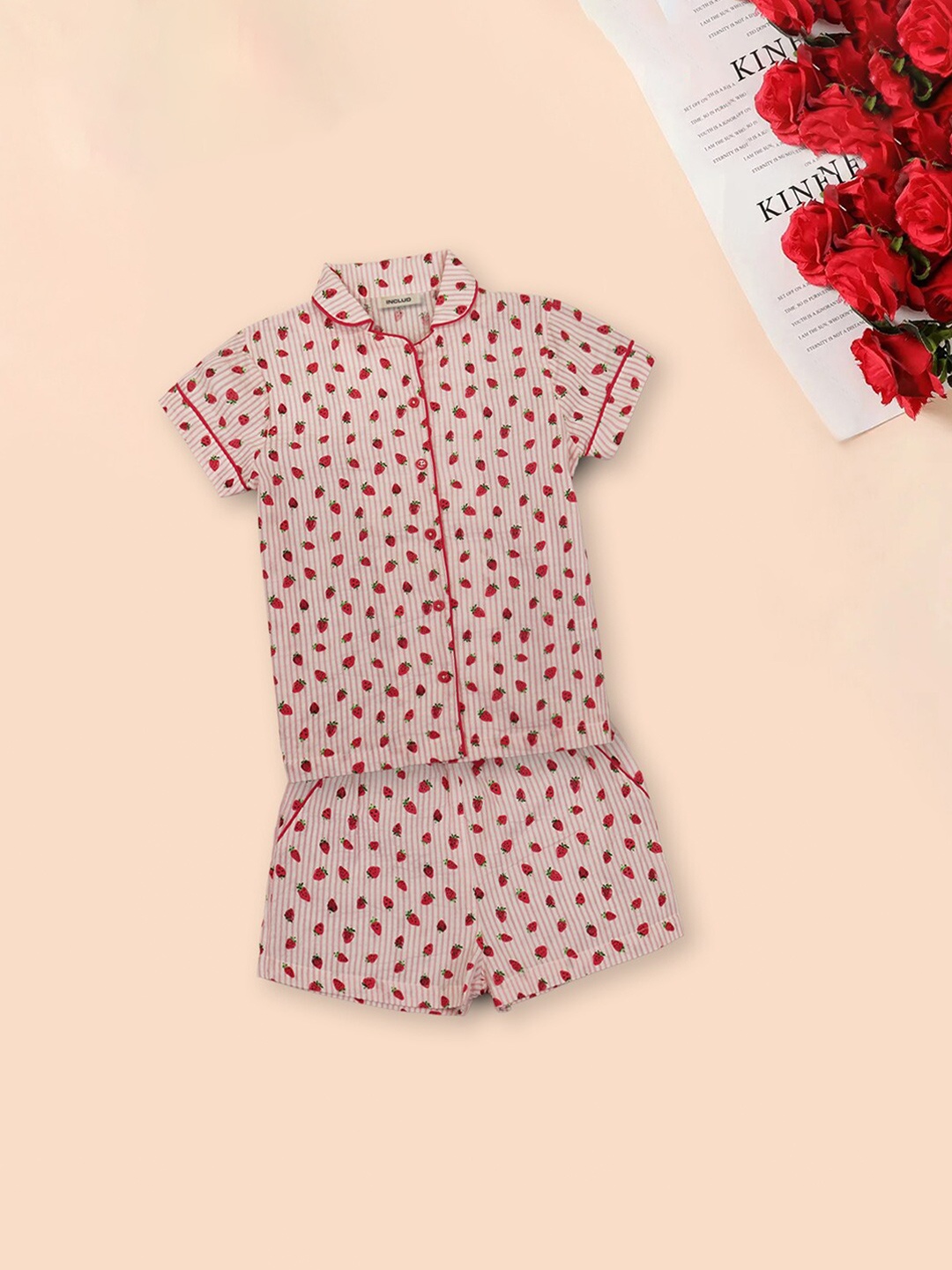

INCLUD Girls Conversational Printed Shirt with Shorts, Red
